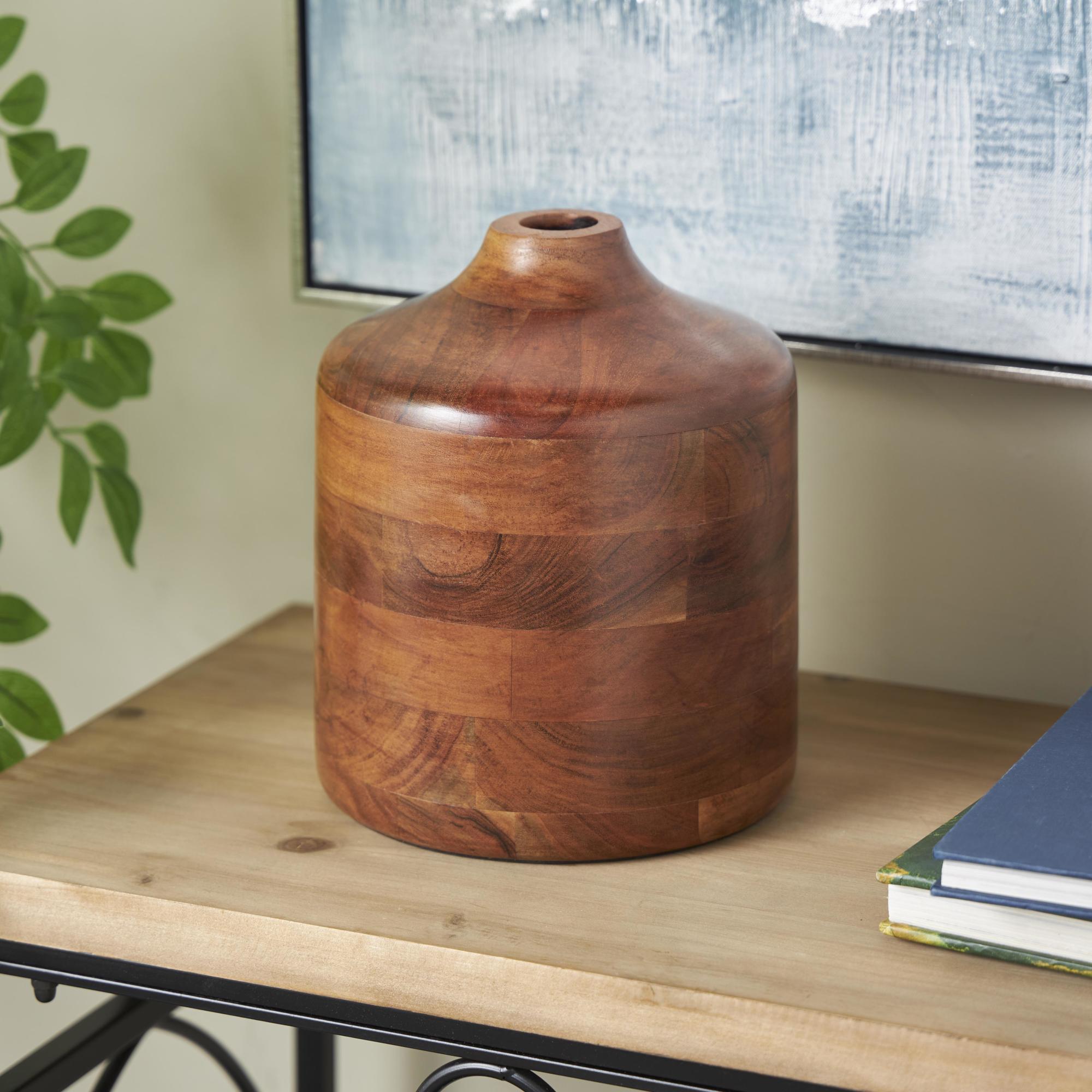 Brown Wood Decorative Vase with Mosaic Strips and Natural Wood Grains