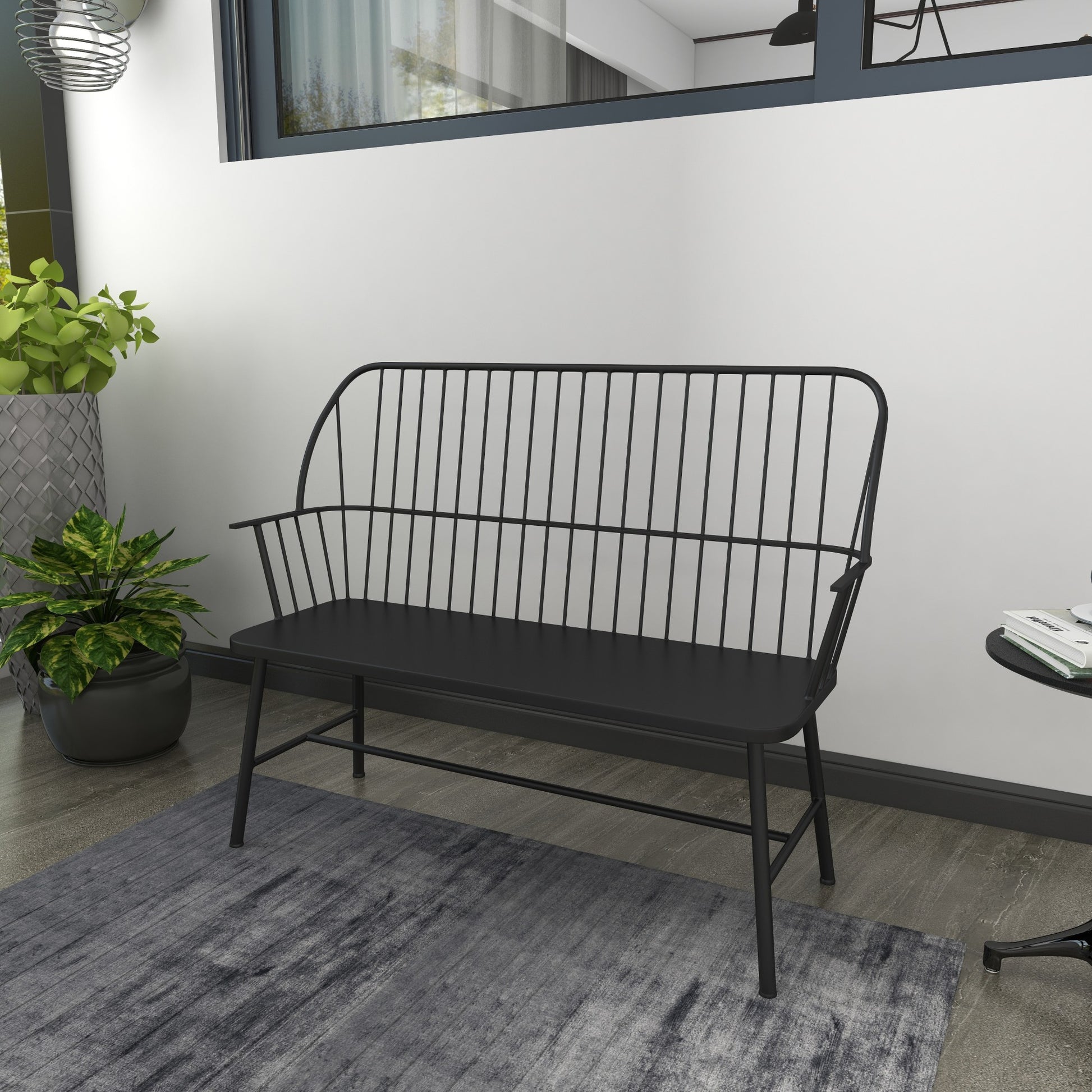 Black Metal Grill Style High Back Frame Patio Outdoor Bench with Trestle Legs and Armrests