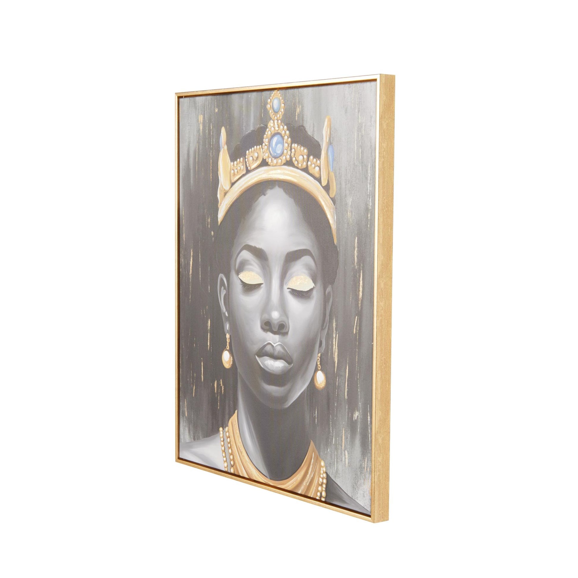 Woman Black Canvas Shaded Living Room Framed Wall Art with Blue Crown and Gold Foil Accents