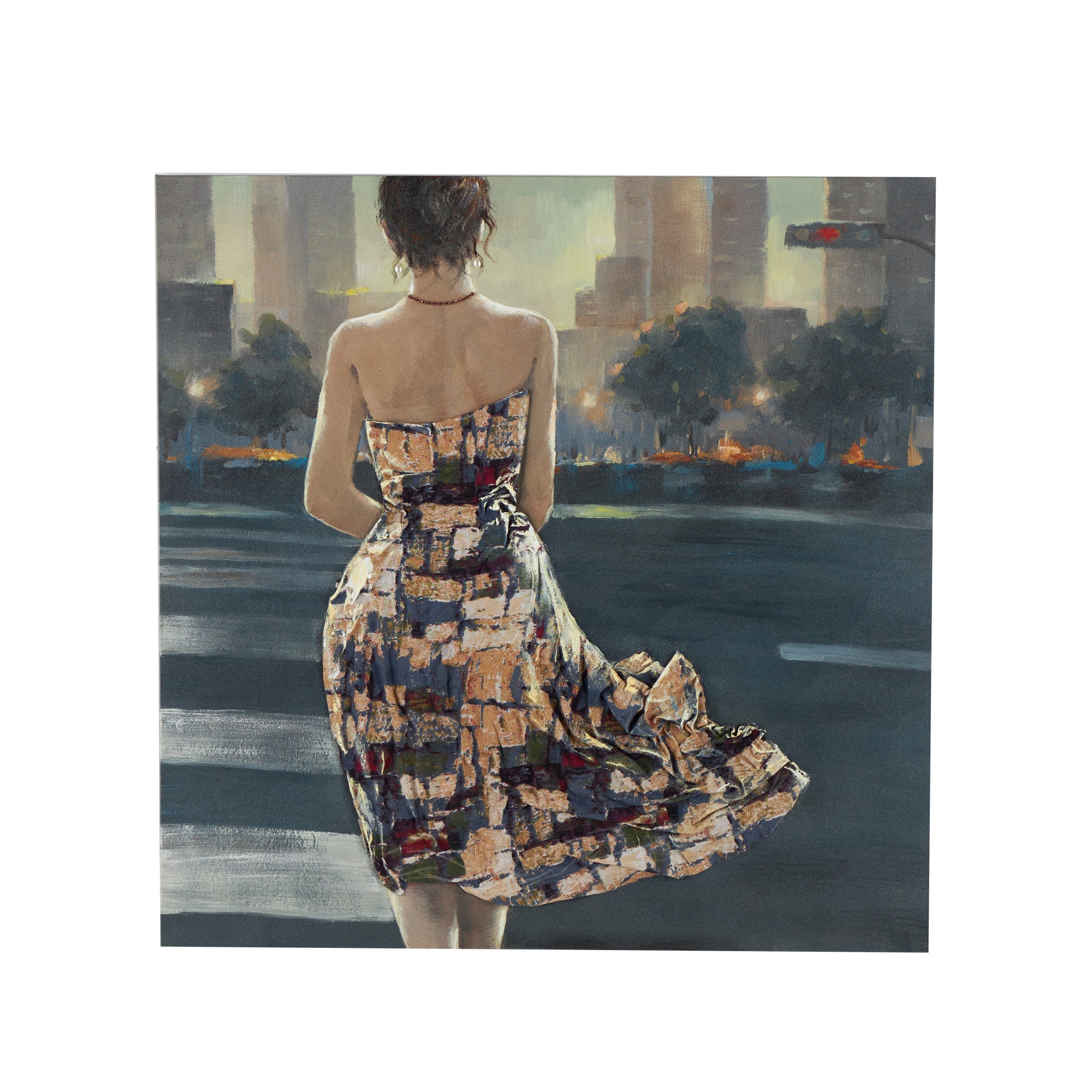 Woman Multi Colored Canvas Decorative Wall Art with 3D Multicolor Fabric Dress and Pink Necklace