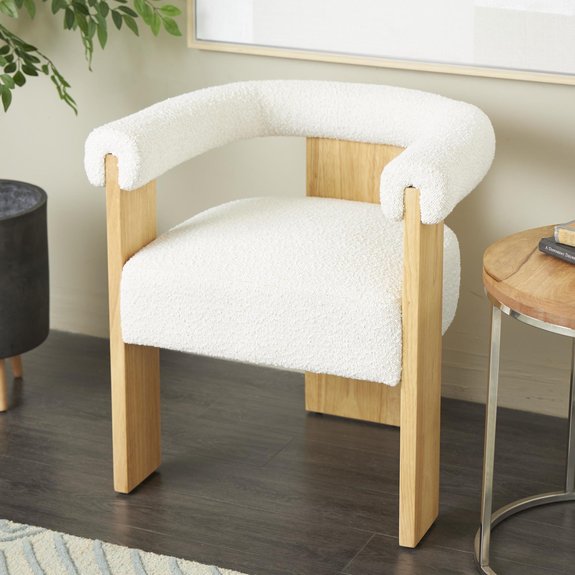 Polyester Curved Back Mid Century Modern Round Boucle Living Room Accent Chair with Brown Wood Frame 27" x 23" x 28"