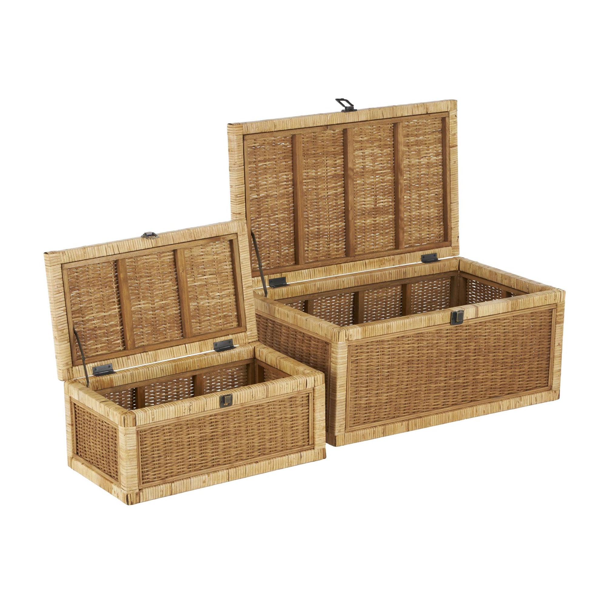 Set of 2 Brown Rattan Handmade Woven Storage Decorative Box with Wrapped Light Brown Edges