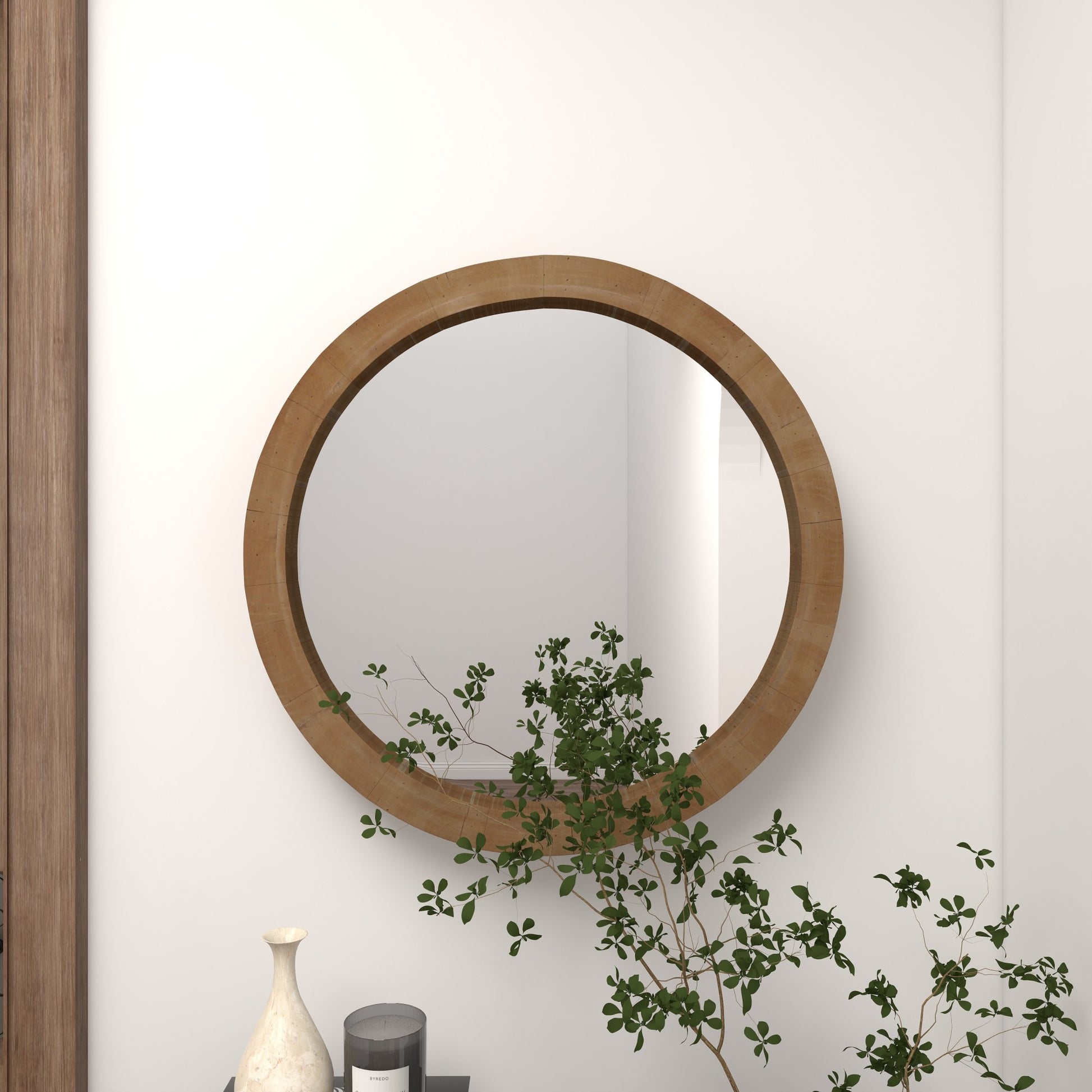 Brown Wood Room Wall Mirror with Natural Wood Grains
