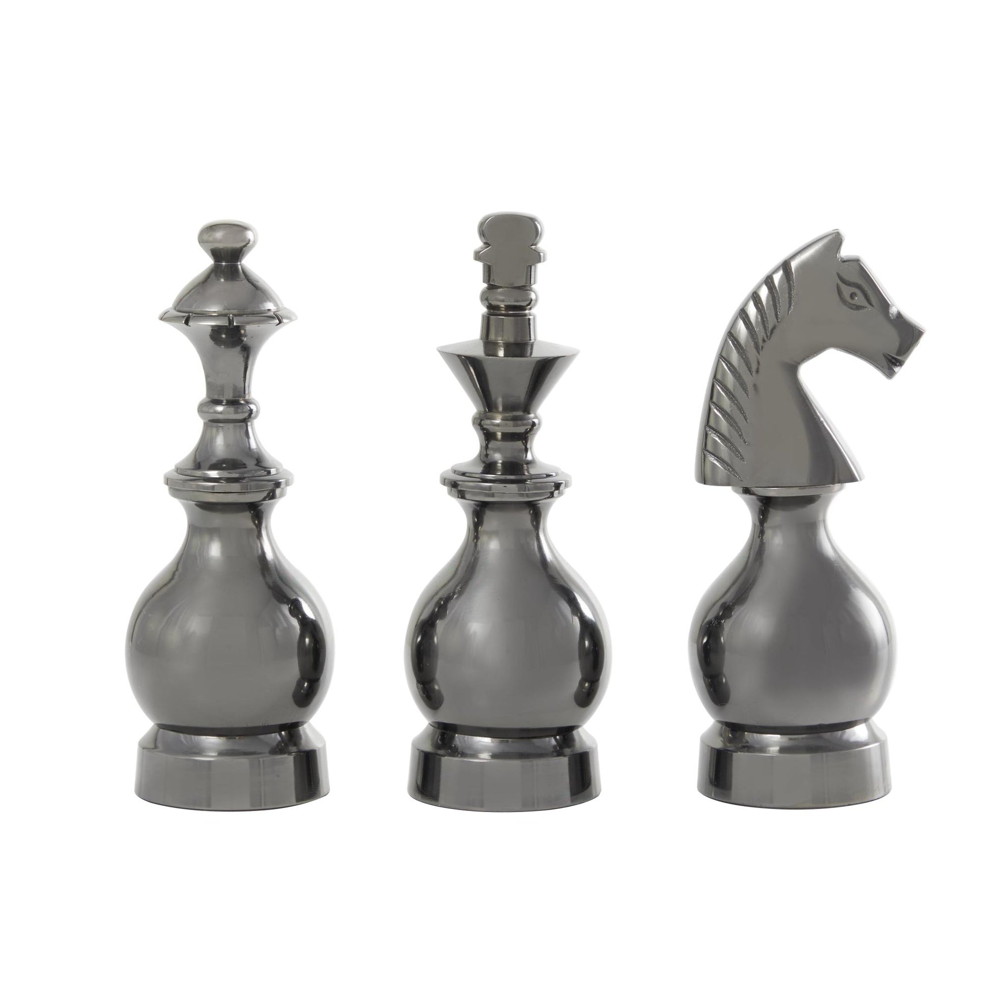Set of 3 Chess Aluminum Metal King, Knight, Bishop Decorative Sculpture