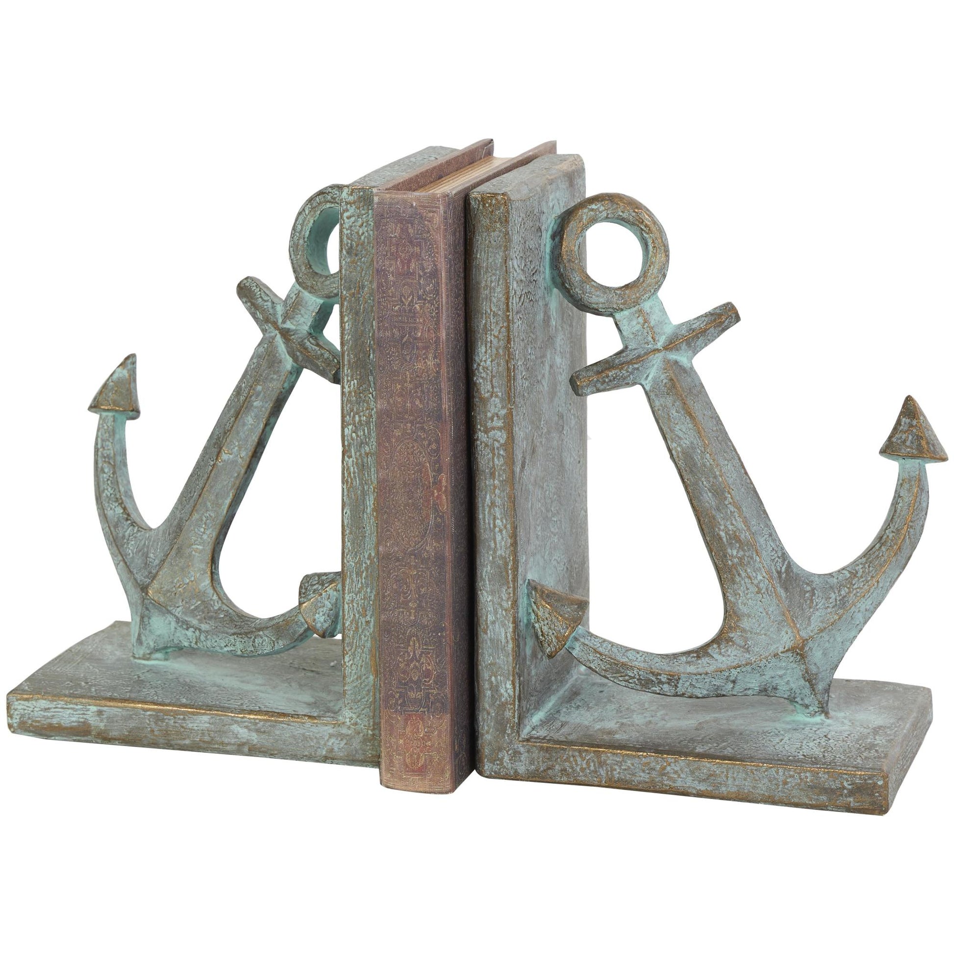 Set of 2 Anchor Blue Polyresin Distressed Patina Decorative Bookends with Gold Foil Accents