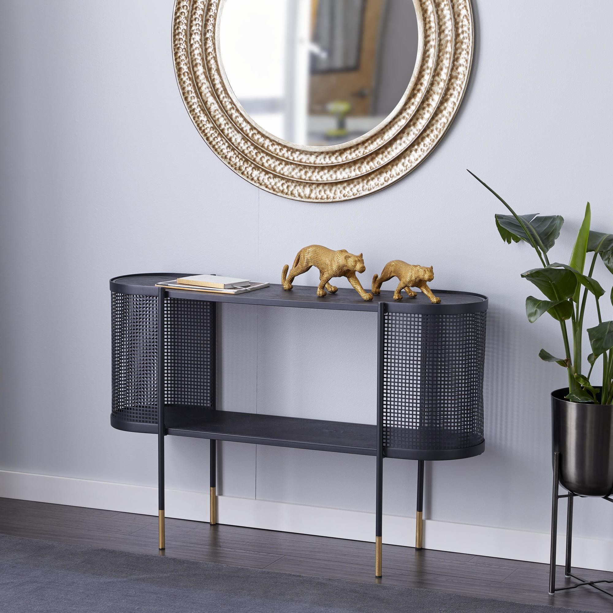 Black Metal Mesh Side Panel Living Room Console Table with Open Center Storage