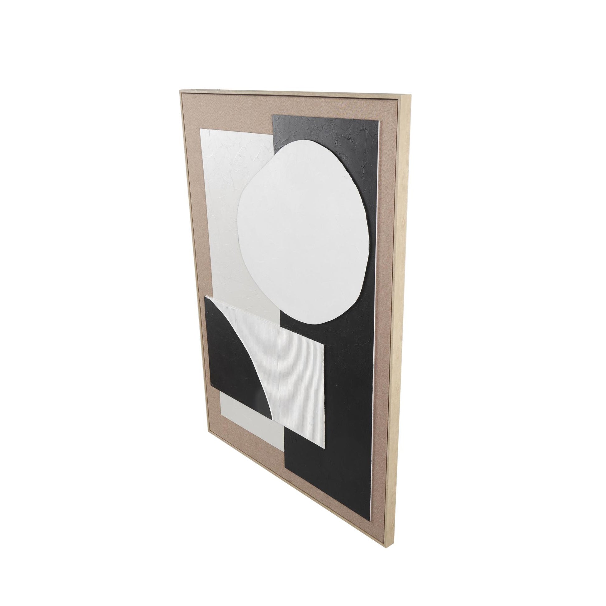 Geometric Brown Wood Textured Living Room Framed Wall Art with Abstract Black and White Shapes and Fabric Backing