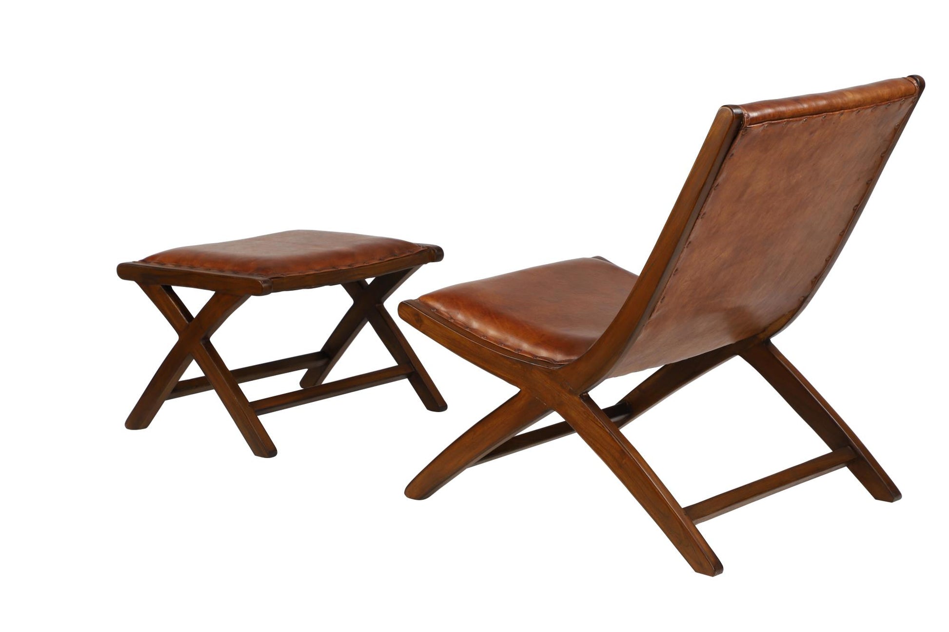 Teak Wood Handmade Upholstered Leather Accent Chair with Ottoman