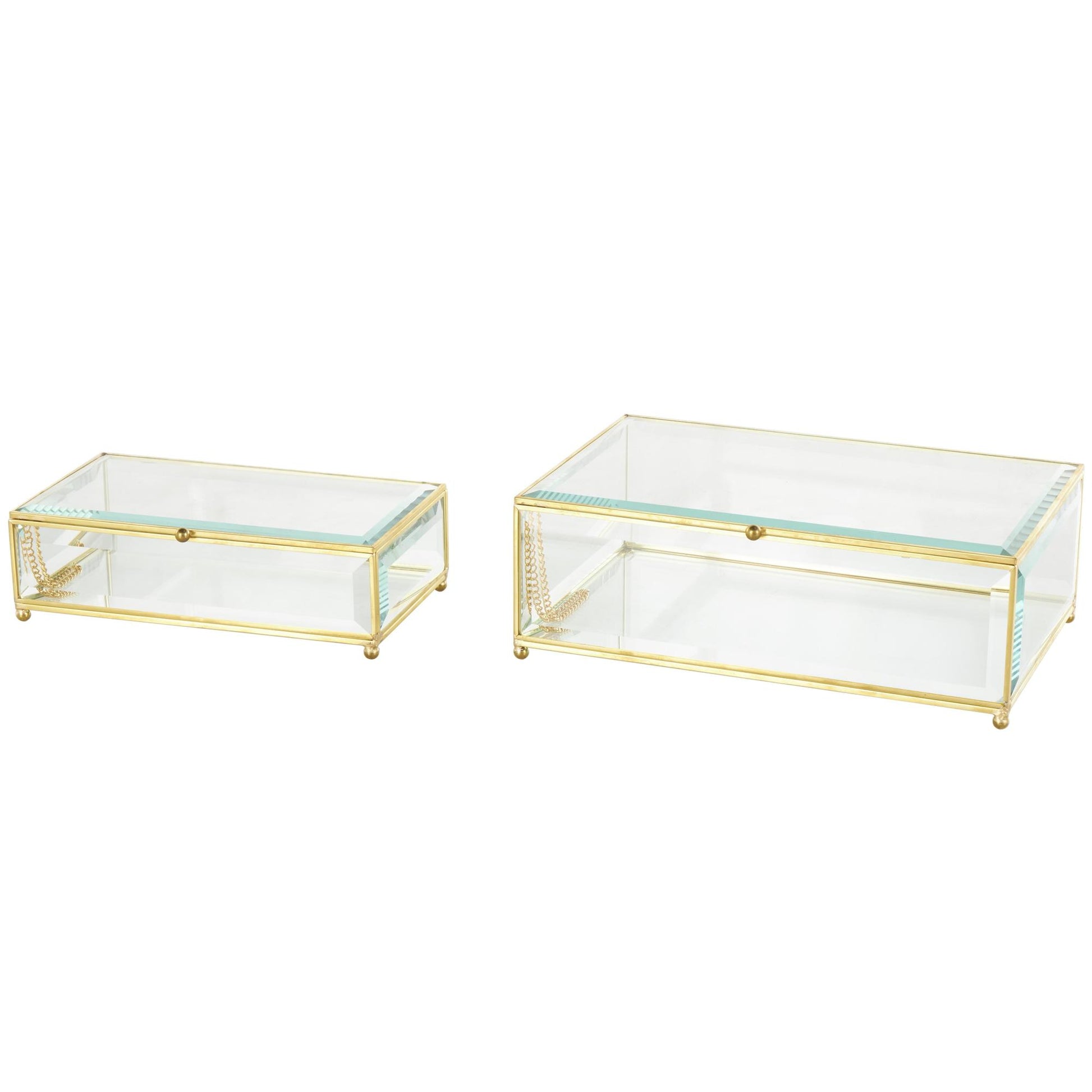 Set of 2 Clear Glass Beveled Decorative Jewelry Box with Gold Metal Frame and Chain Accent