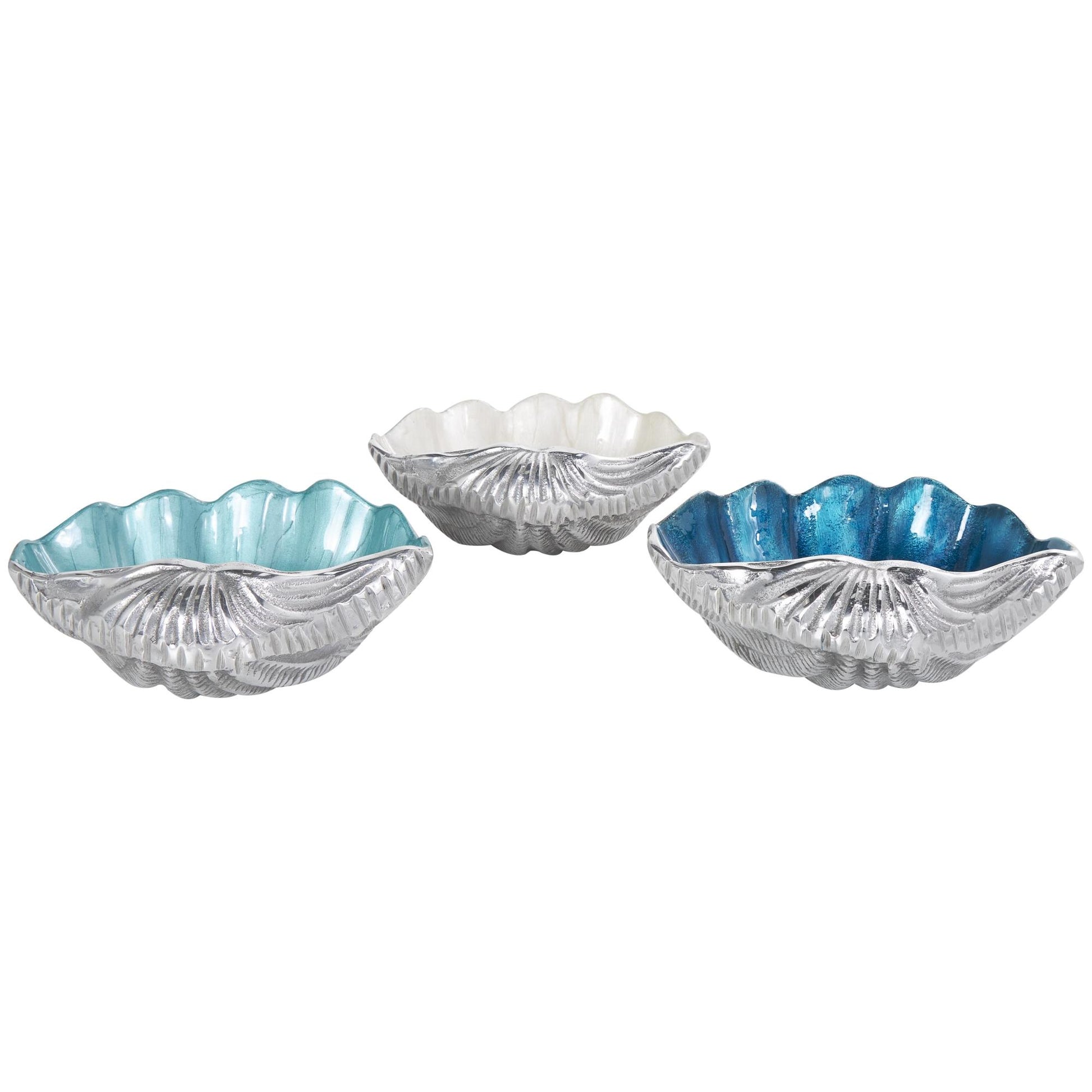 Set of 3 Shell Multi Colored Aluminum Metal Enameled Large Decorative Bowl with Silver Bases