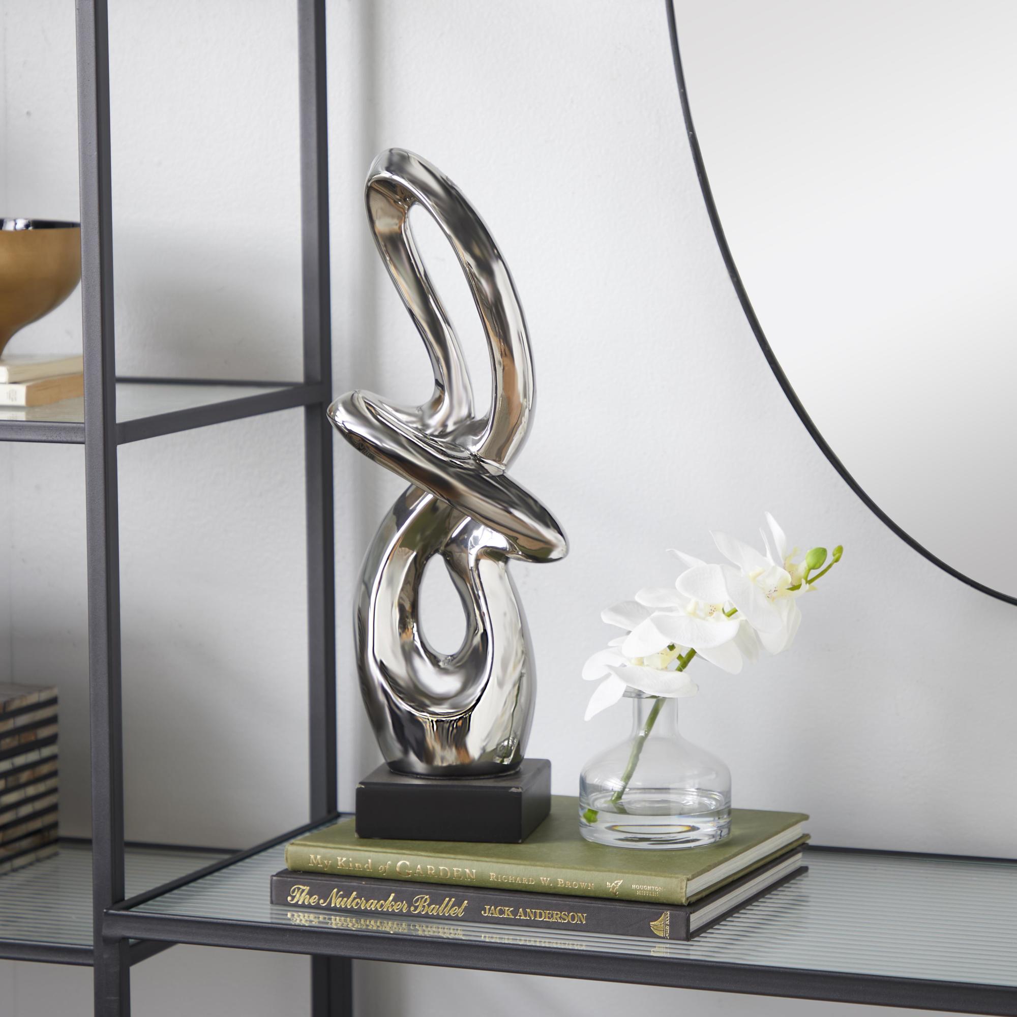 Abstract Silver Ceramic Swirl Decorative Sculpture with Black Base
