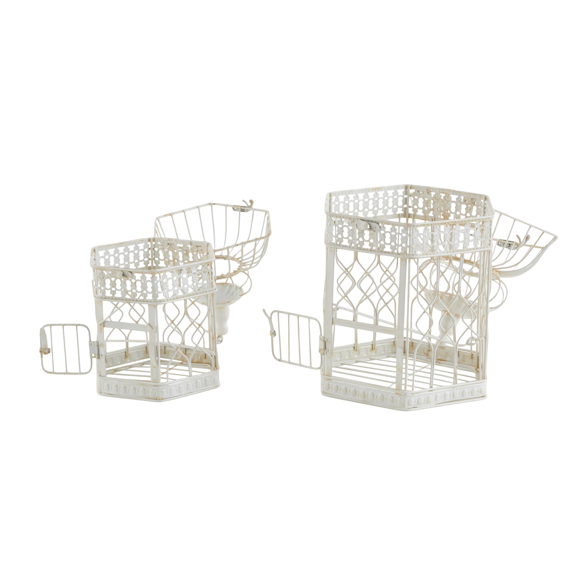Set of 2 Scroll Cream Metal Distressed Wire Decorative Birdcage with Latch Lock Closure and Hanging Hook