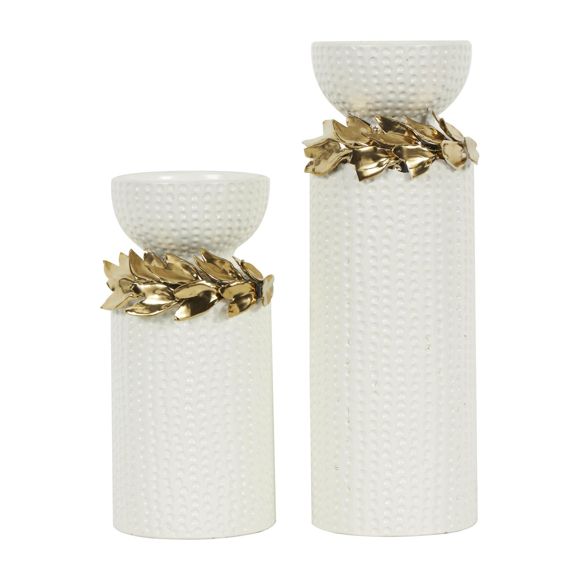 Set of 2 Leaf White Ceramic Decorative Candle Holder with Abstract Spotted Pattern and Gold Accents