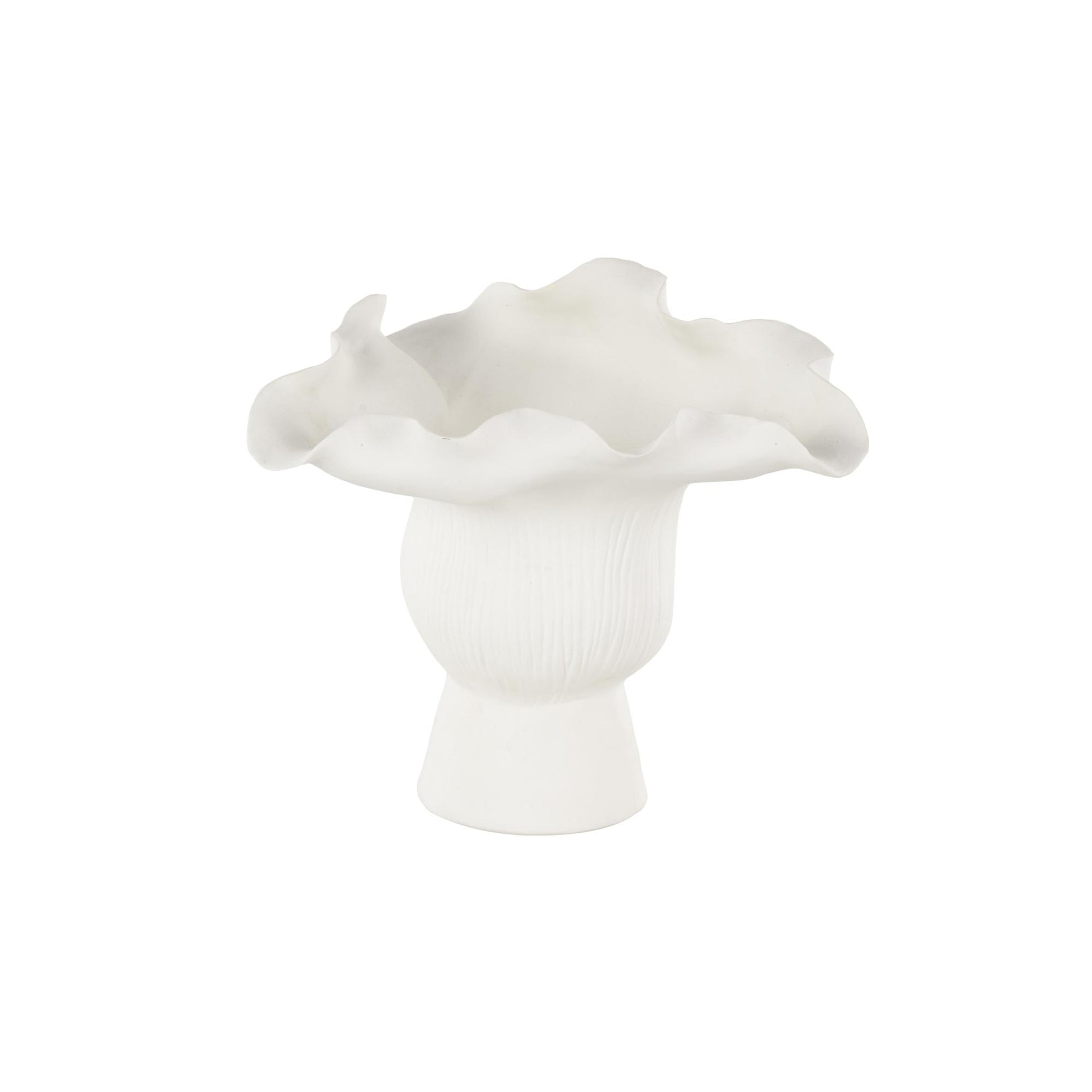 Abstract Ceramic Floral Inspired Decorative Vase with Wavy Folded Rim and Linear Grooves