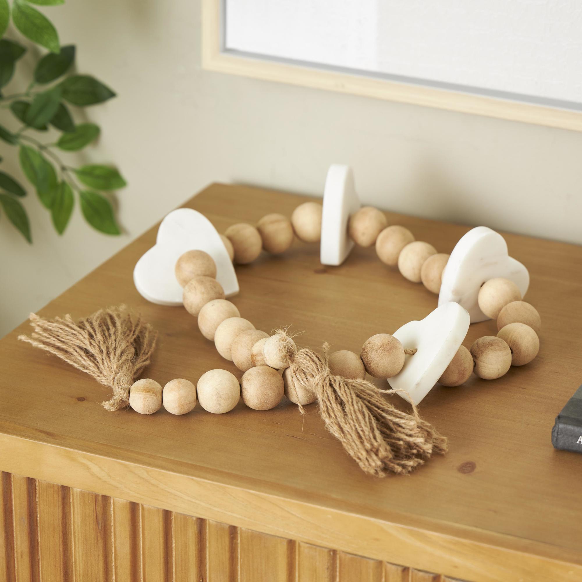 Heart Light Brown Marble Handmade Beaded Garland with Tassel with Knotted Brown Jute and White Accents
