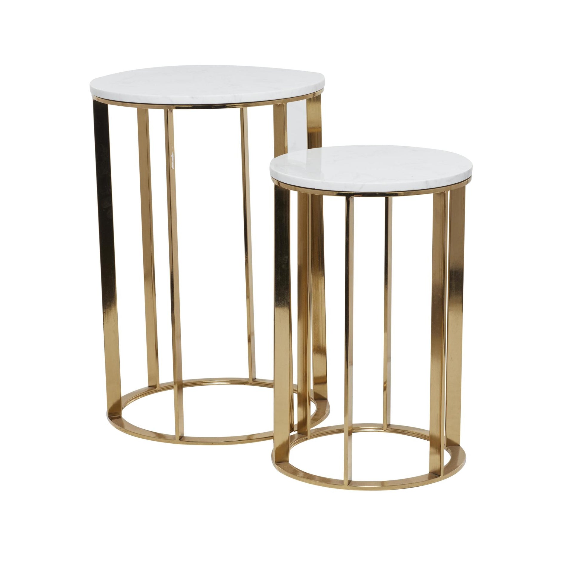 Set of 2 Gold Metal Side End Accent Table with Marble Top