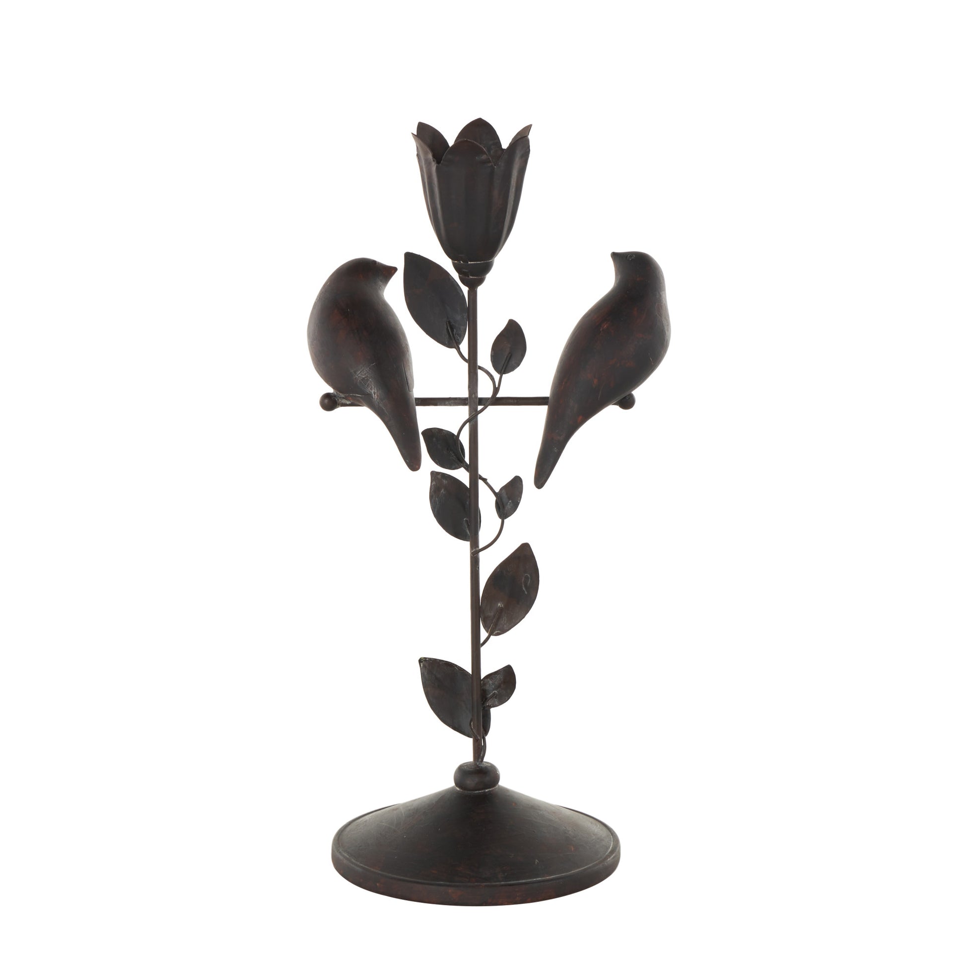 Bird Black Polystone Perching Decorative Sculpture with Leaf Vine and Copper Shading
