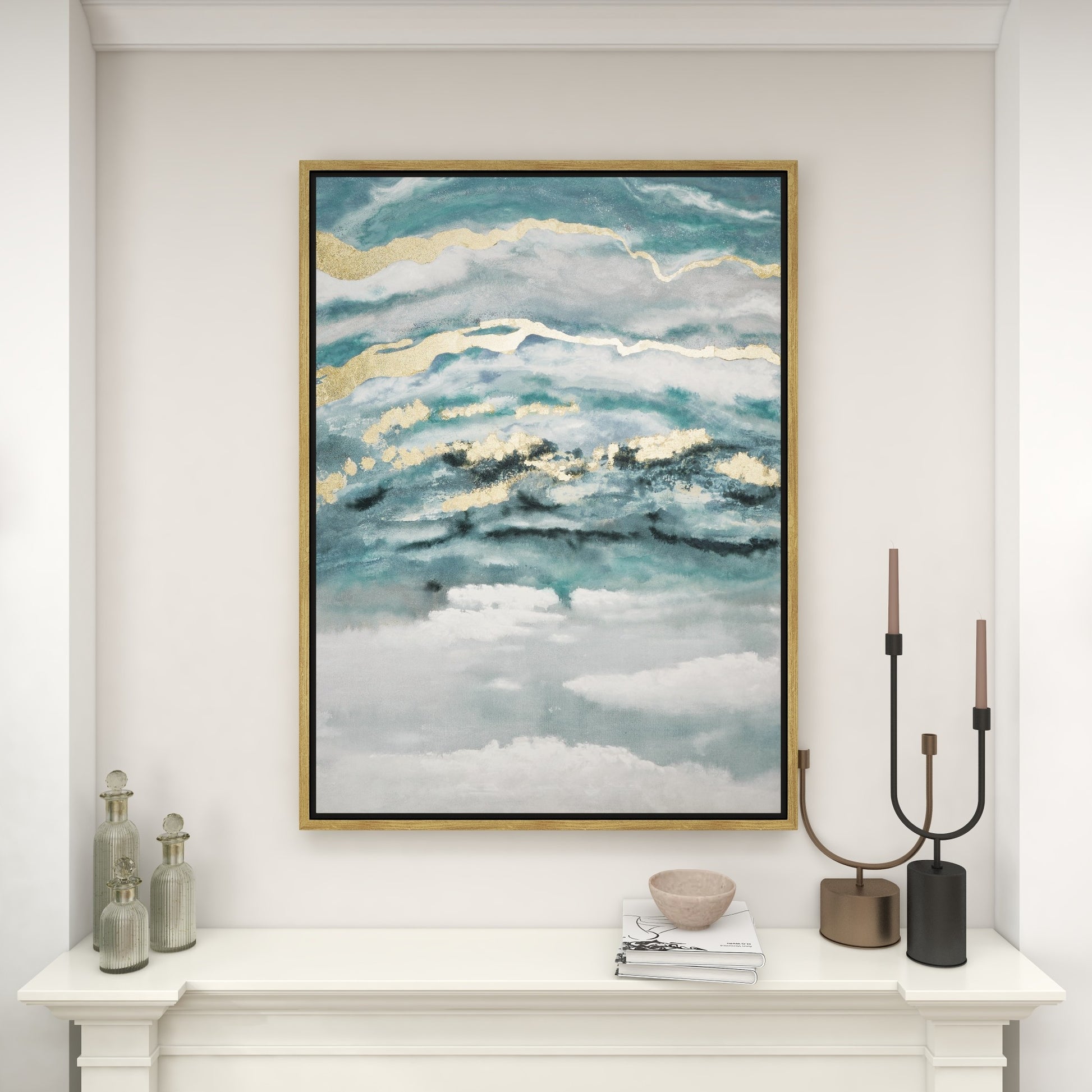 Geode Teal Canvas Enlarge Slice Living Room Framed Wall Art with Gold Frame