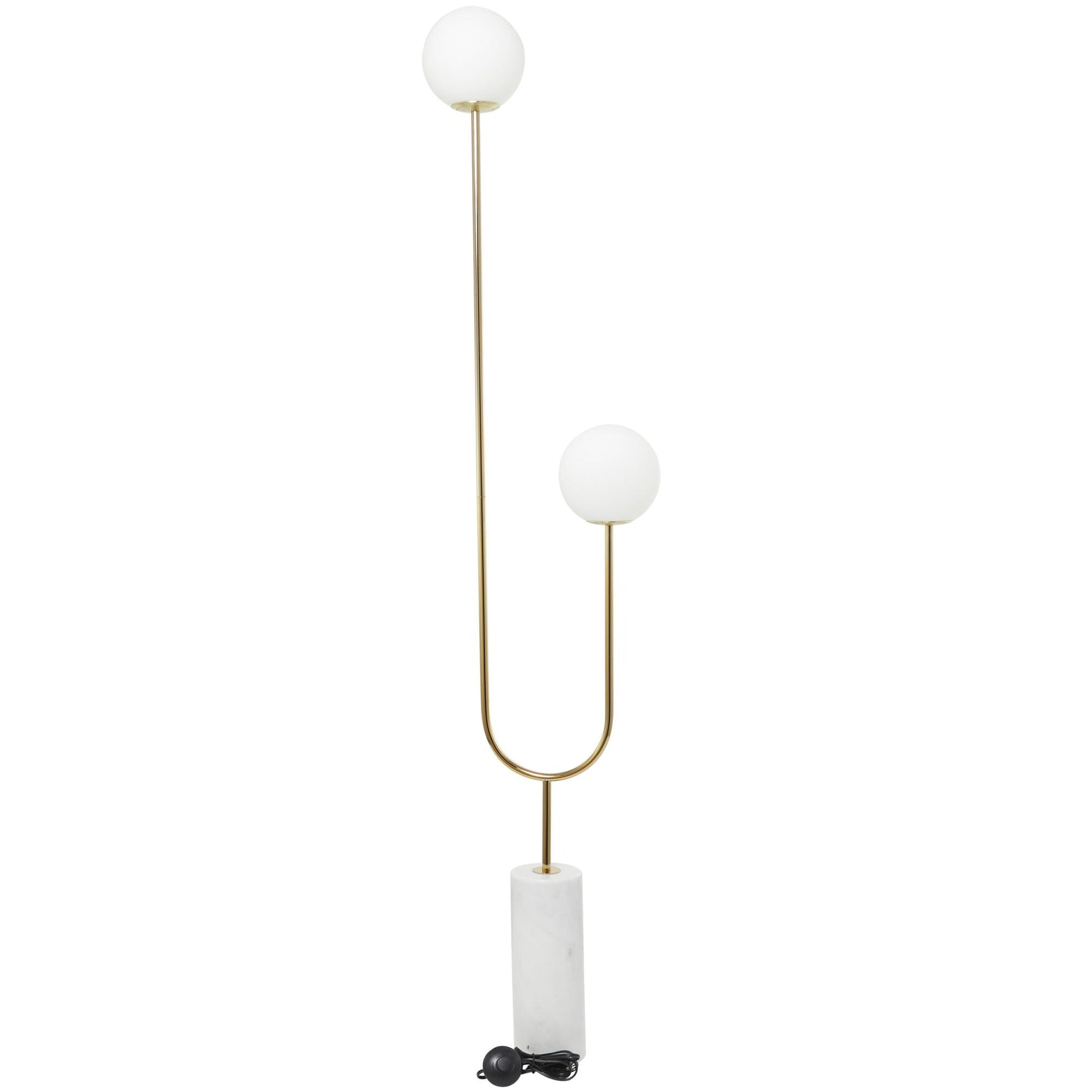 Metal Curved Orb 2 Light Room Floor Lamp with White Glass Shades and Marble Base 16" x 7" x 73"
