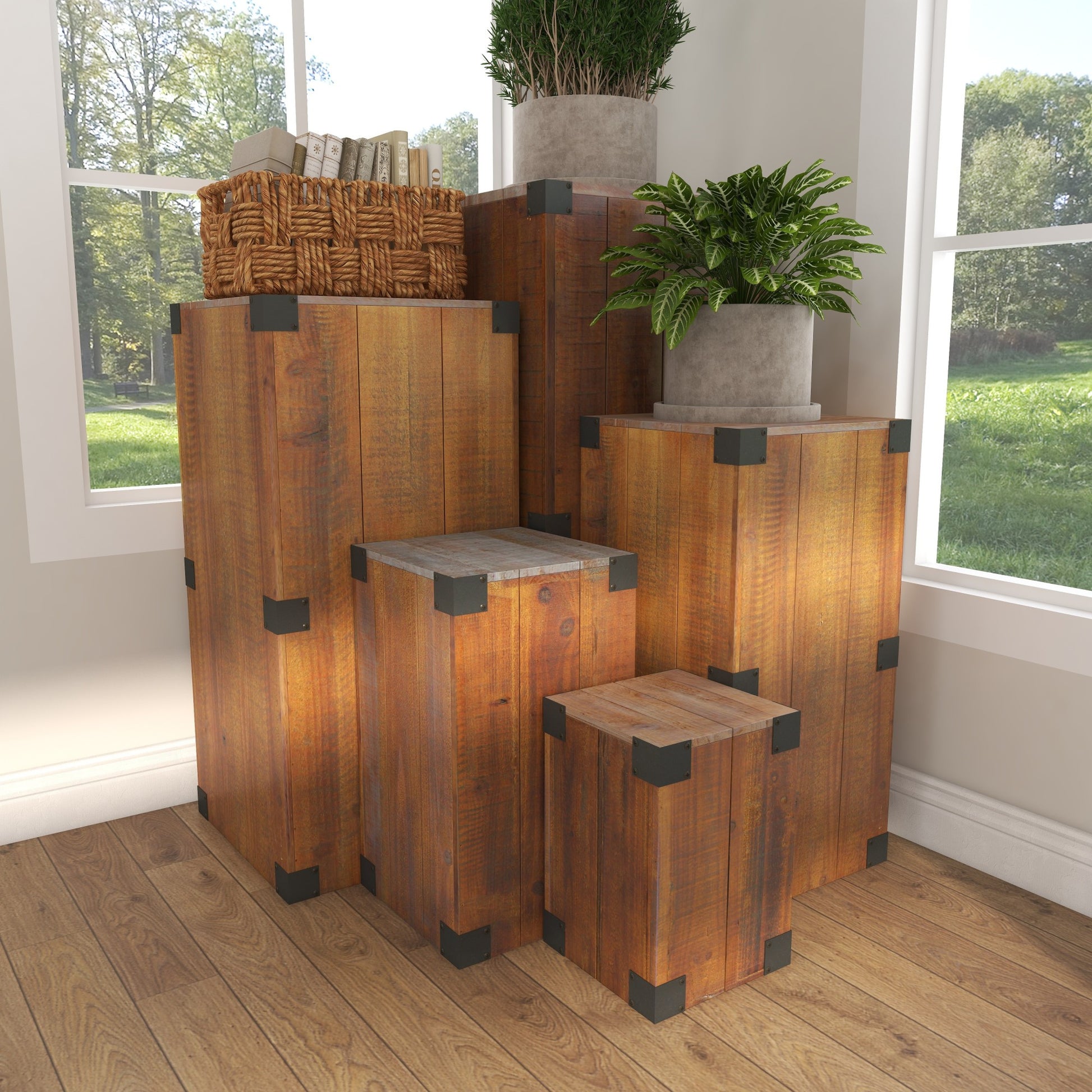 Set of 5 Brown Wood Pillar Style Side End Pedestal Table with Metal Corner Brackets