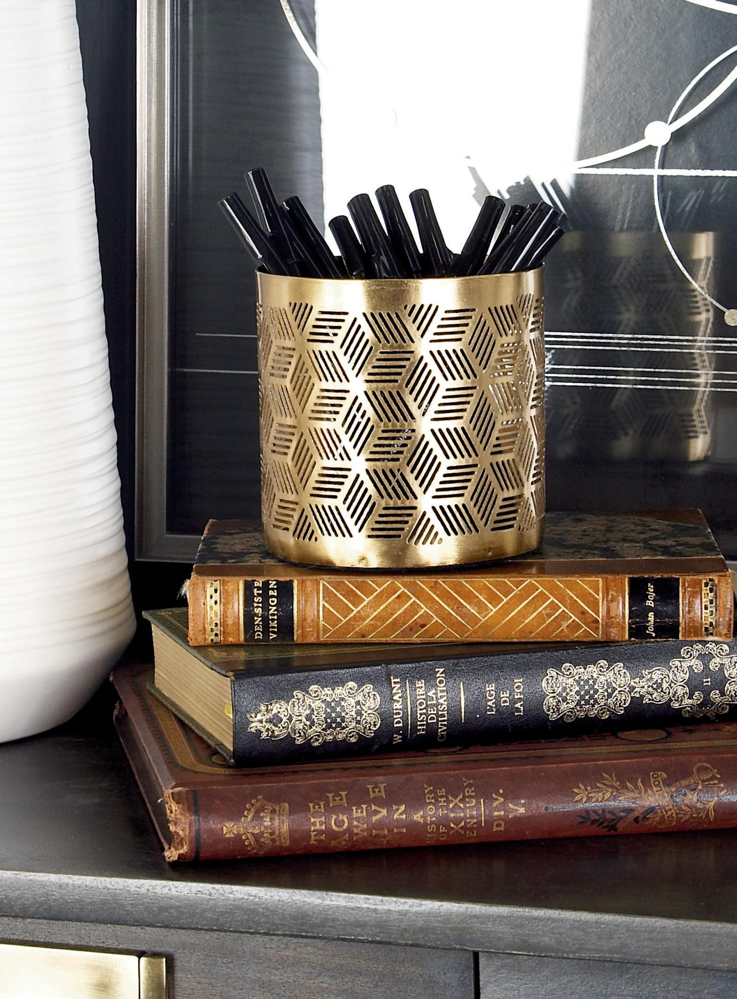 Floral Metal Pencil Cup with Laser Carved Design 4" x 4" x 4"