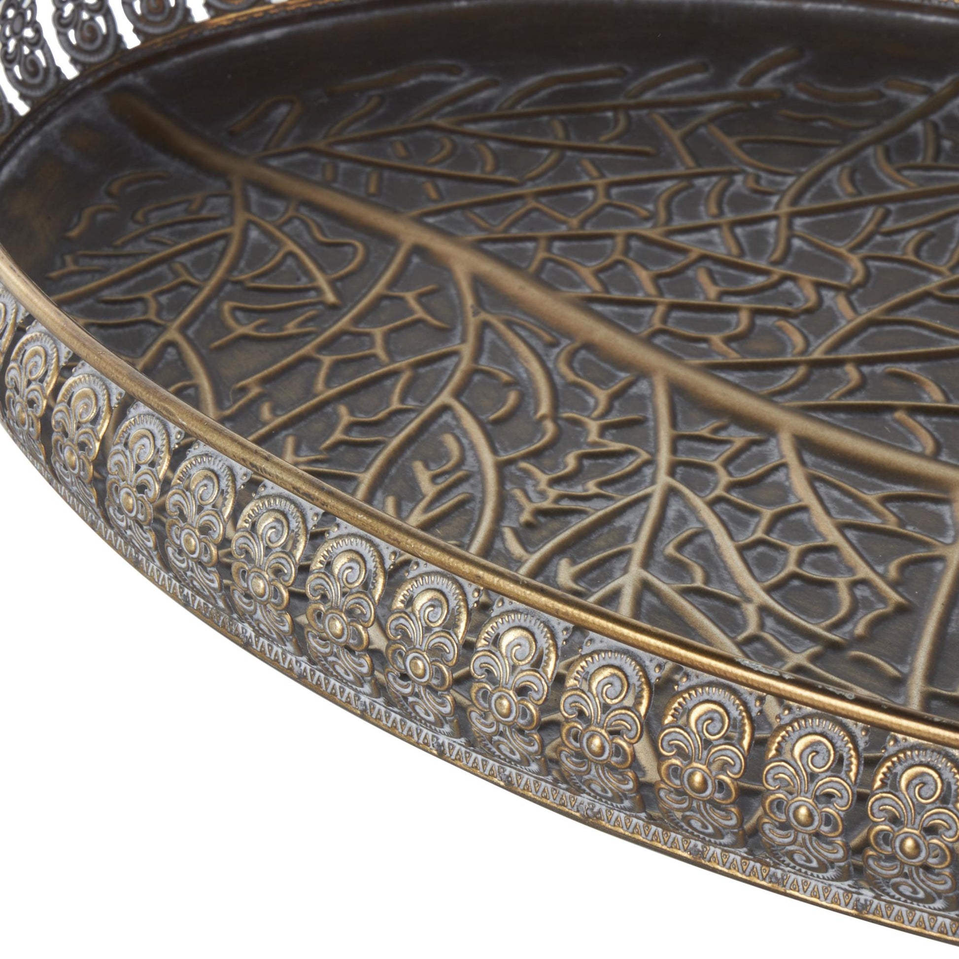 Set of 2 Scroll Brass Metal Ornate Oval Living Room Decor Tray with Tree Patterned Interior