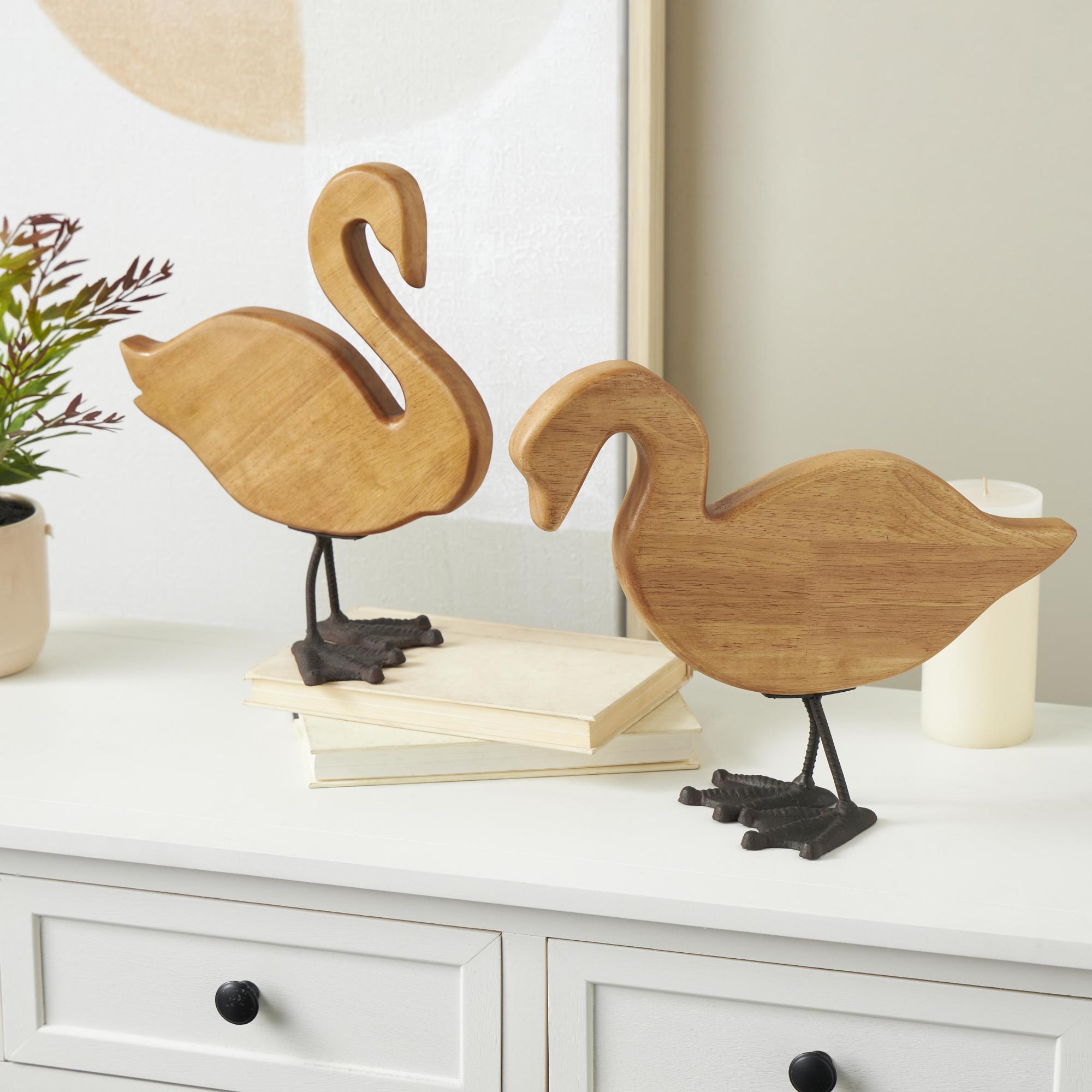 Set of 2 Duck Brown Wood Abstract Decorative Garden Sculpture with Black Metal Feet
