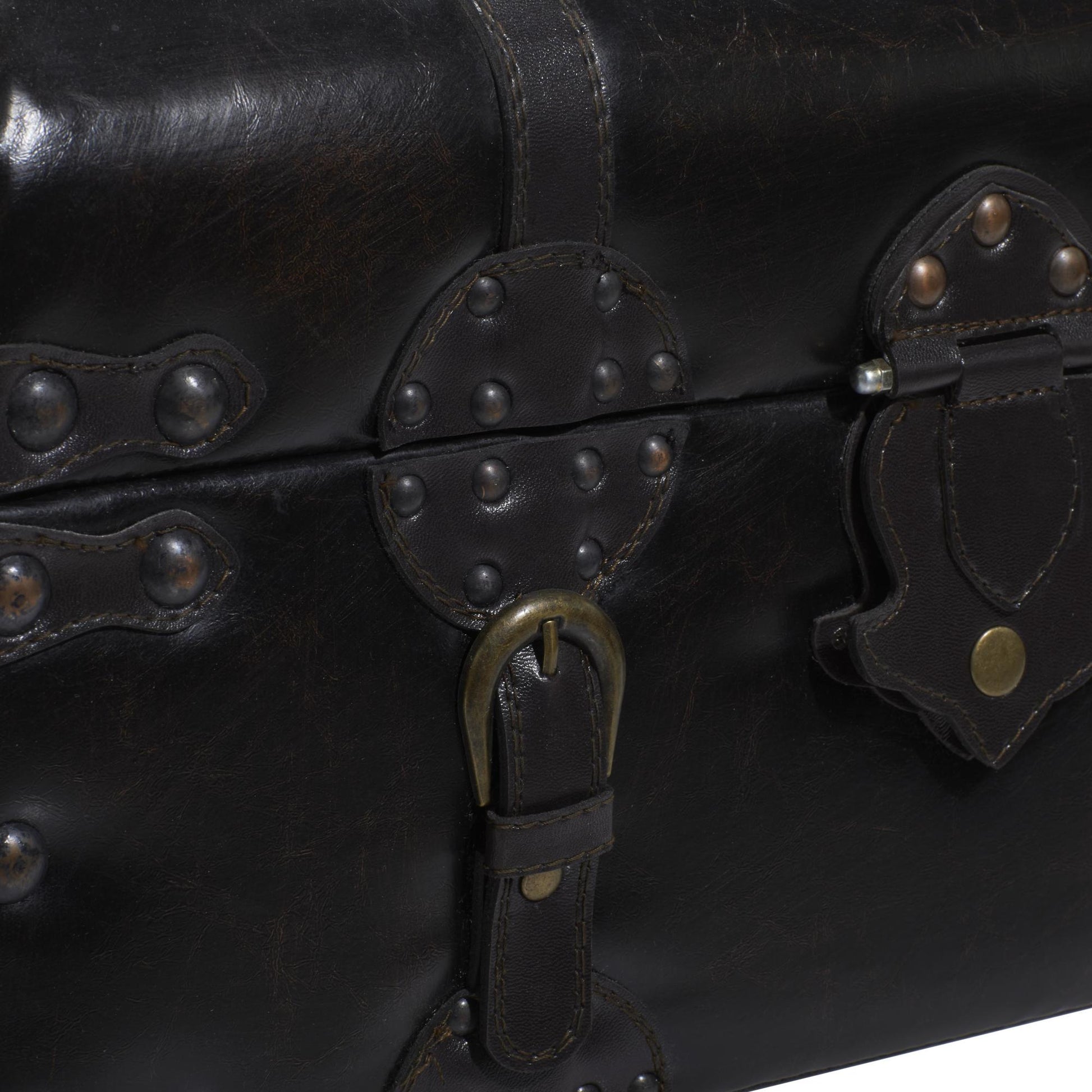Set of 3 Brown Faux Leather Vintage Room Storage Bench with Faux Leather Buckle Straps and Stud Details