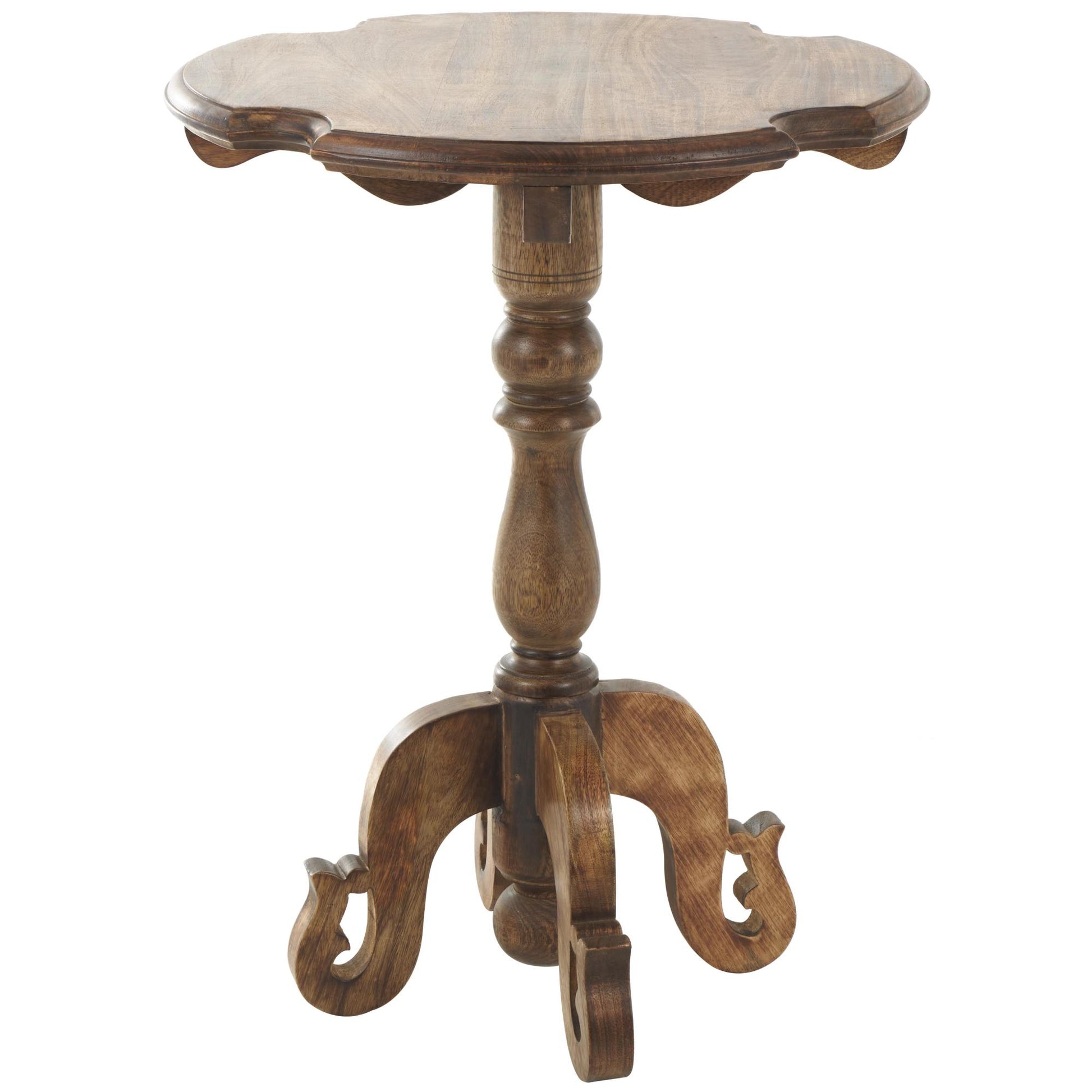 Brown Mango Wood Turned Side End Accent Table with Scrolled Legs and Cutout Tabletop