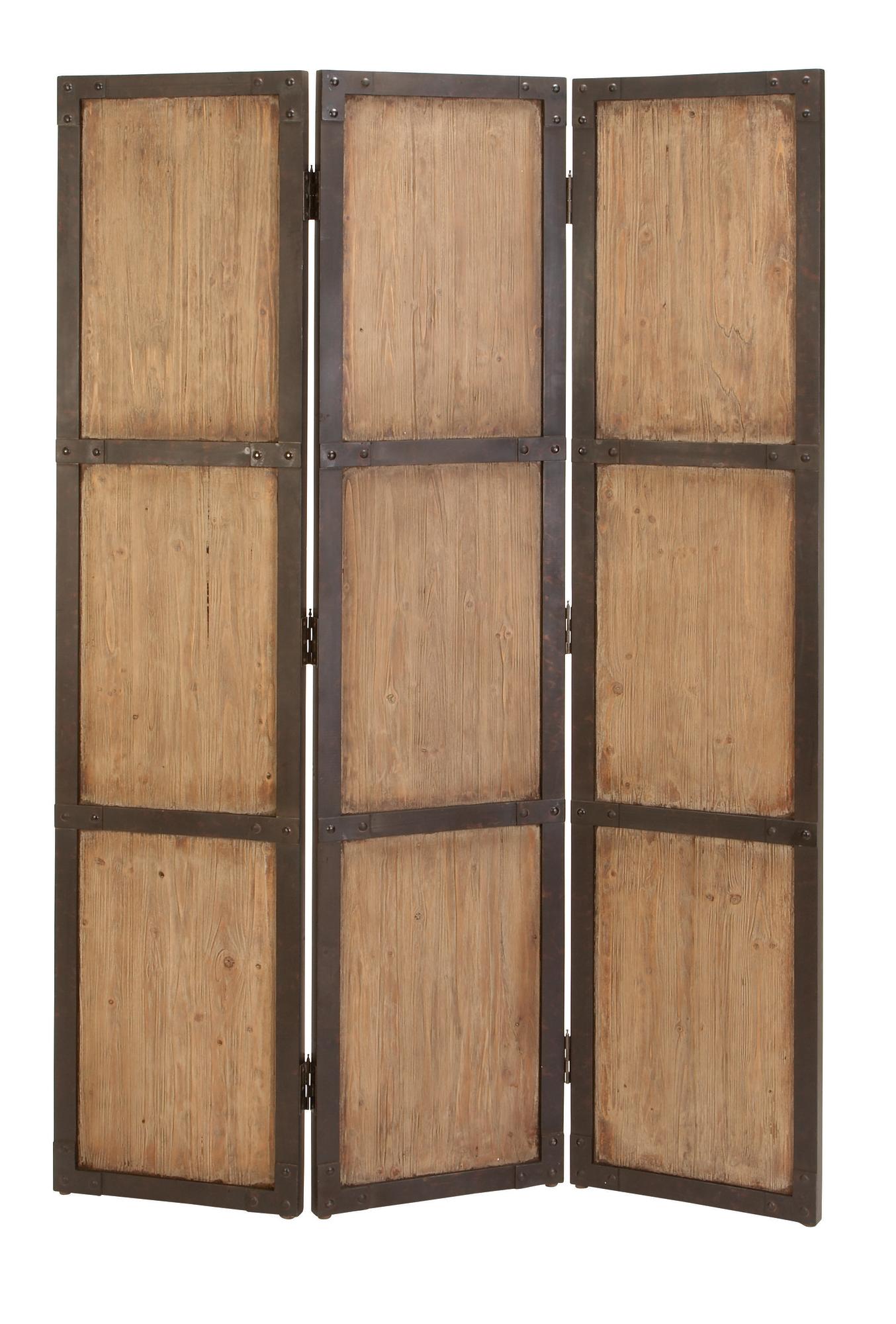 Brown Wood Hinged Foldable Partition 3 Panel Partition Room Divider Screen with Solid Wood Panels