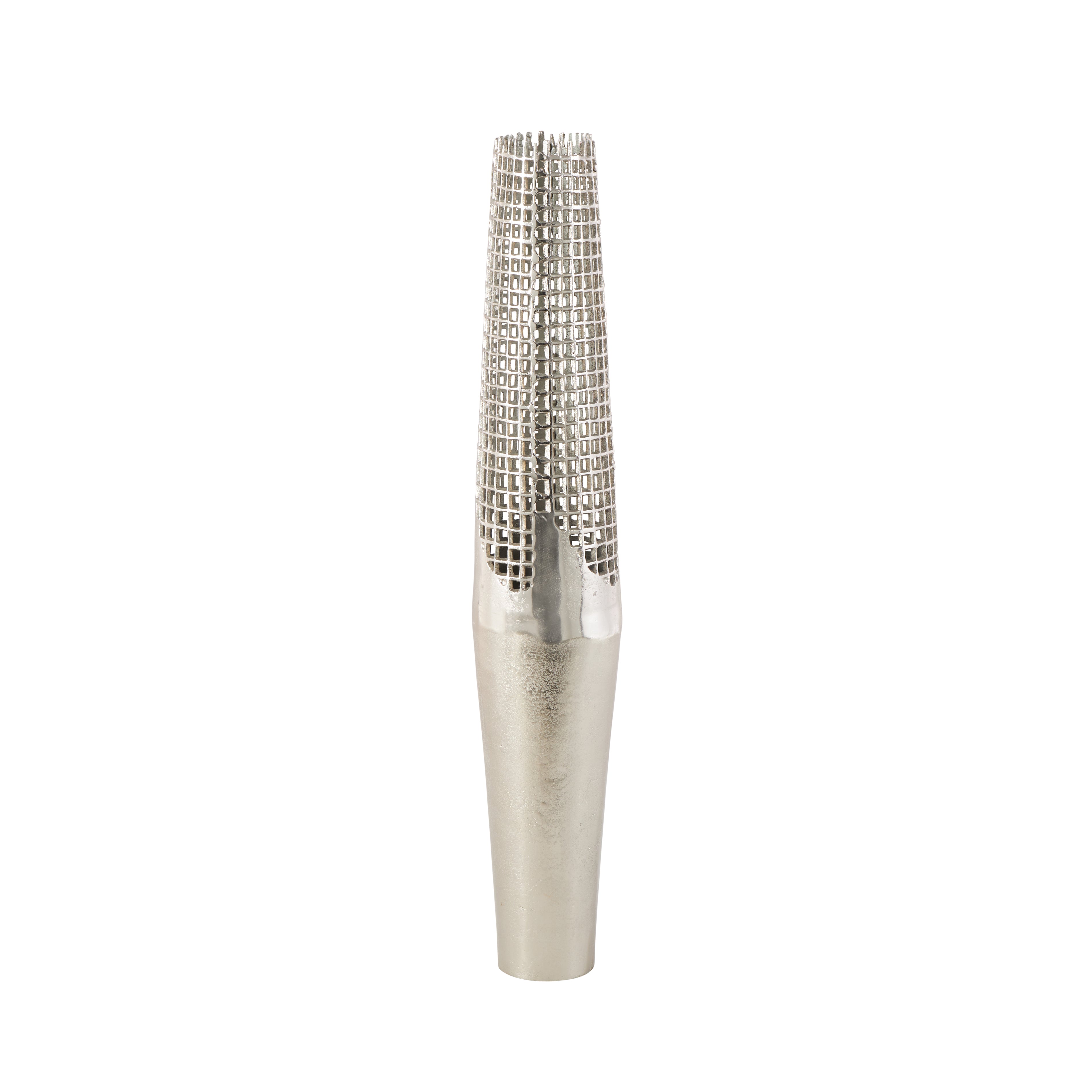 Silver Aluminum Metal Tall Grid Inspired Decorative Vase with Open Frame Design