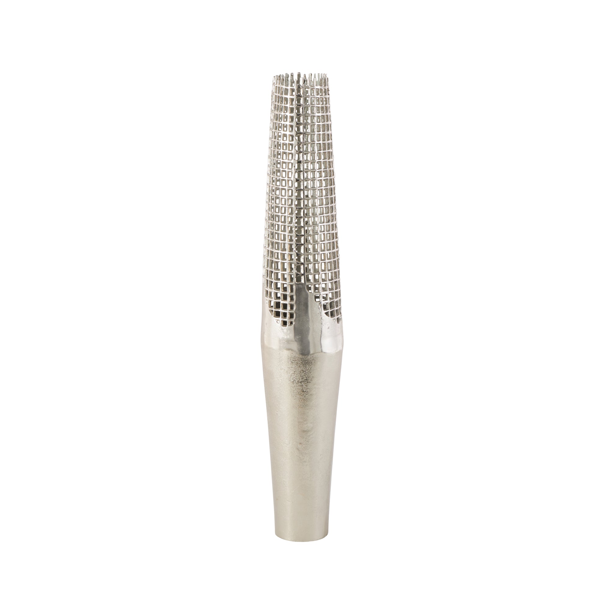 Silver Aluminum Metal Tall Grid Inspired Decorative Vase with Open Frame Design