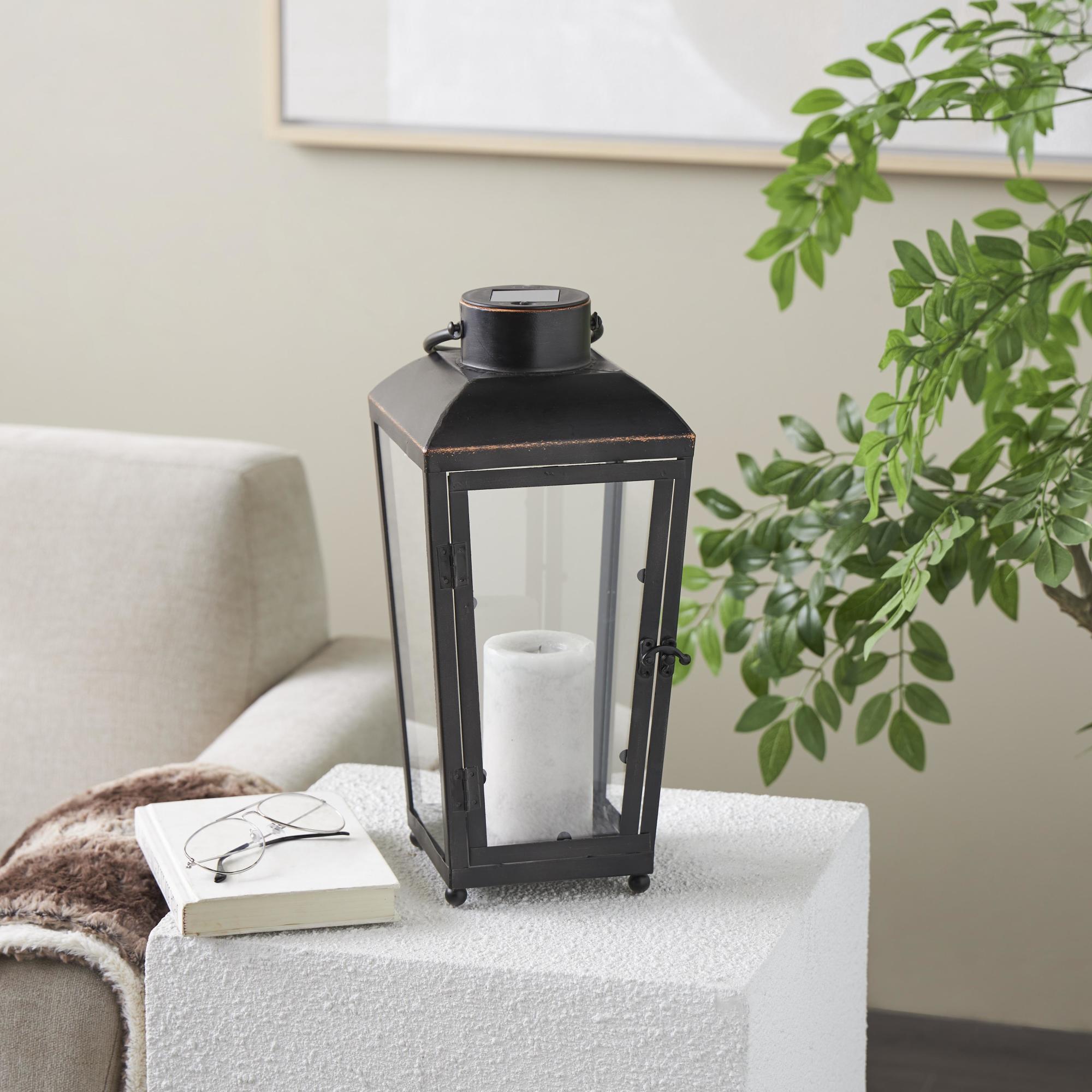 Black Metal Modern Indoor Outdoor Candle Lantern with Gold Accents