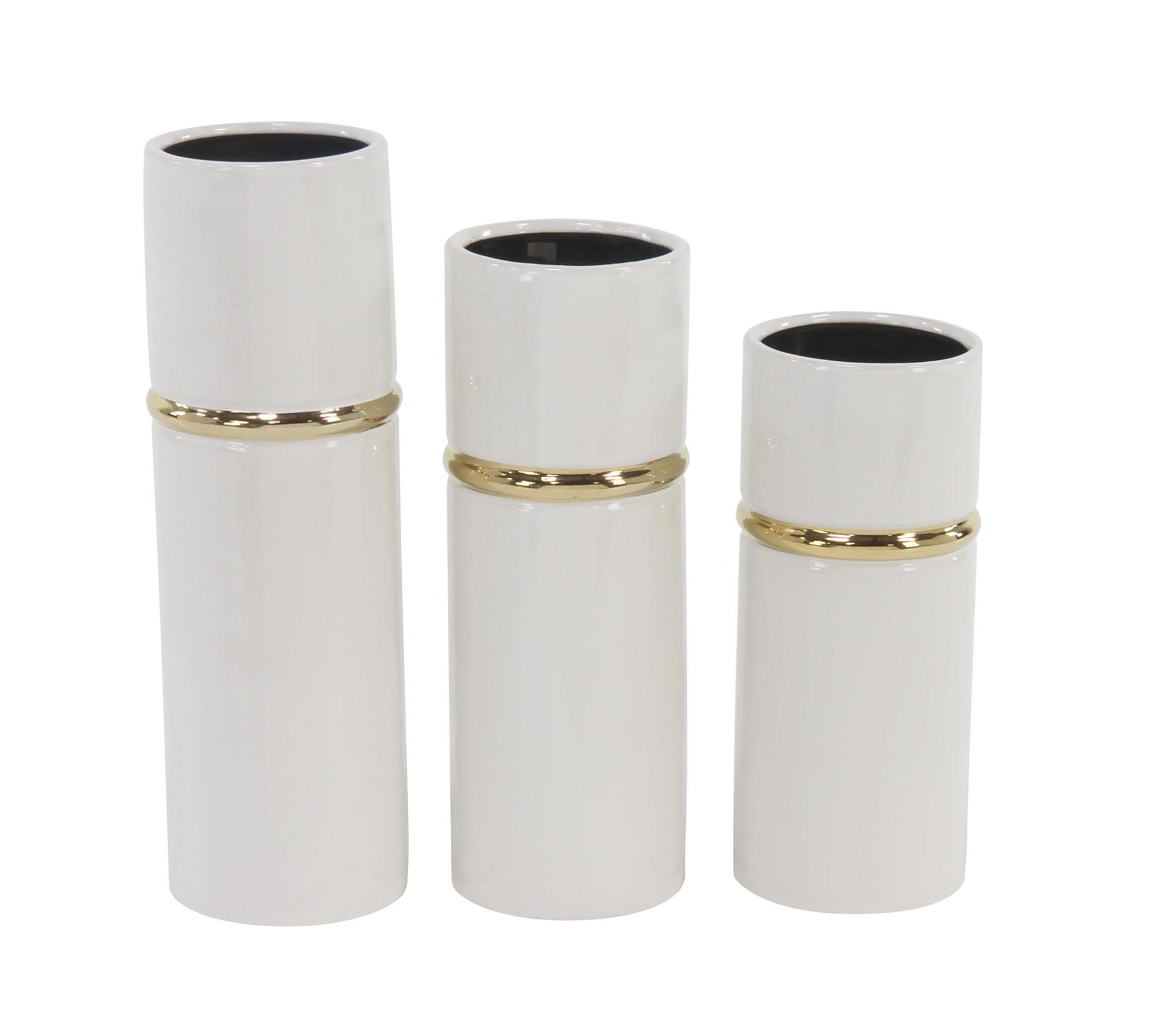 Set of 3 White Ceramic Decorative Vase with Gold Accents