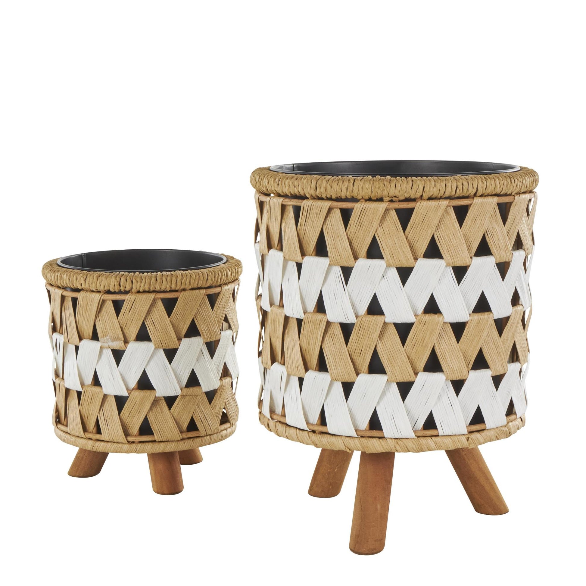 Set of 2 Geometric Brown Jute Rope Handmade Woven Chevron Indoor Planter with Wooden Legs