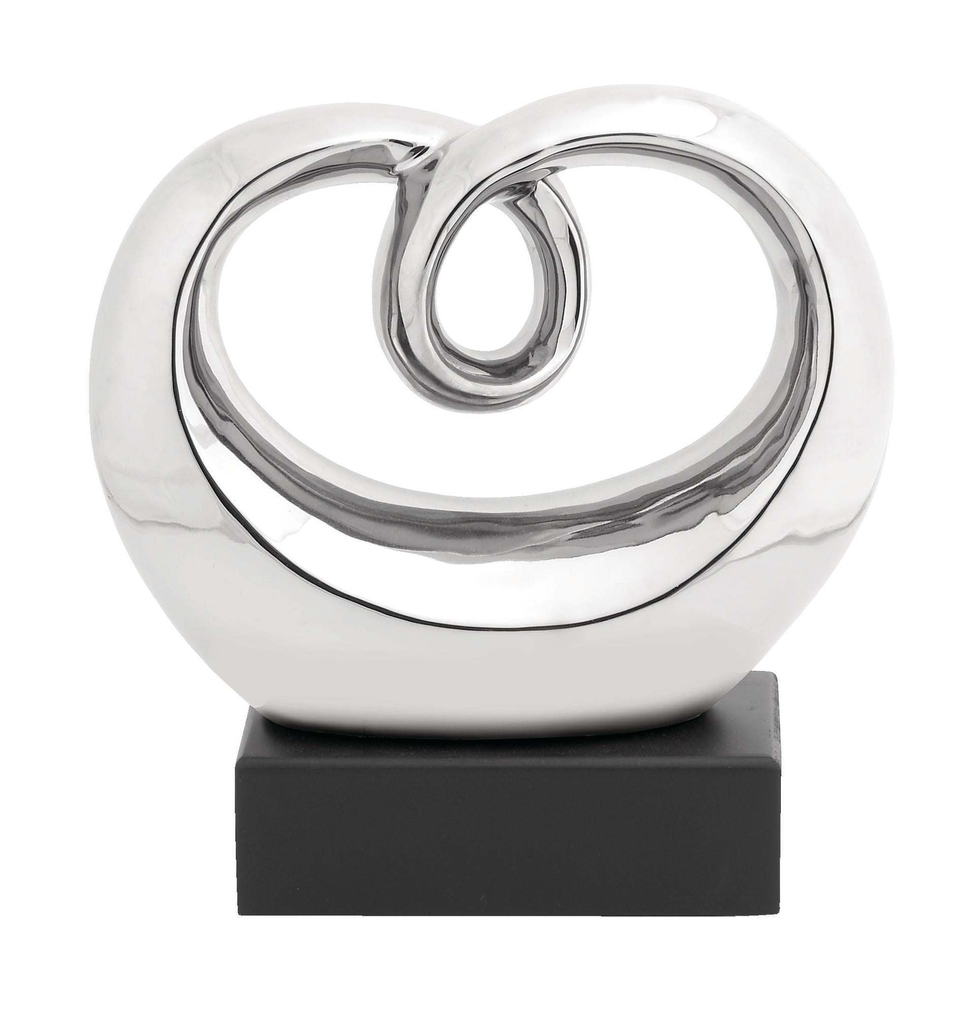 Abstract Silver Ceramic Swirl Decorative Sculpture with Black Base