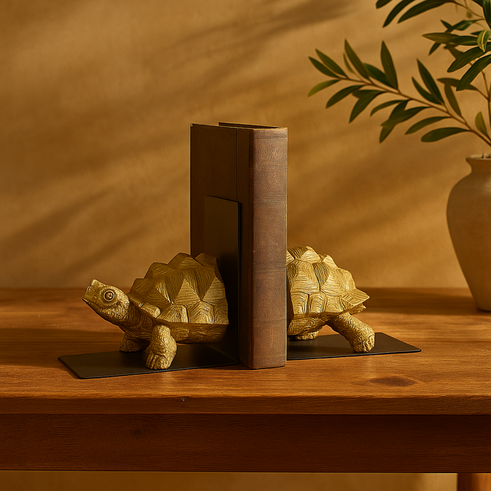 CosmoLiving by Cosmopolitan Set of 2 Turtle Brass Polystone Decorative Bookends with Black Stands