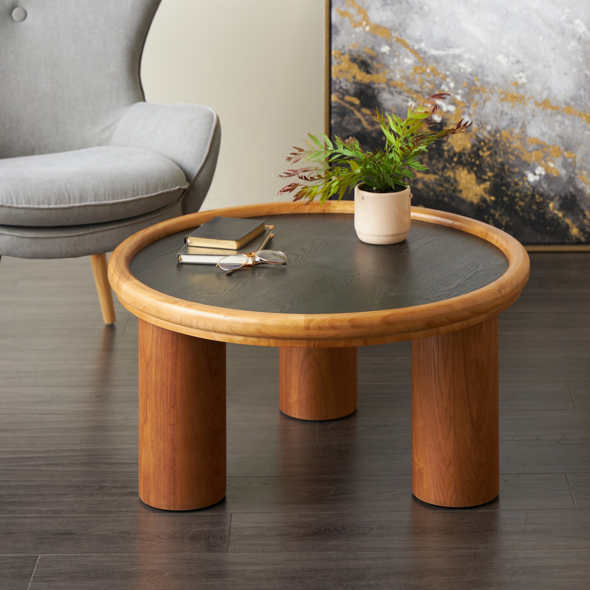 Brown Wood Handmade Round Living Room Coffee Table with Black Tabletop