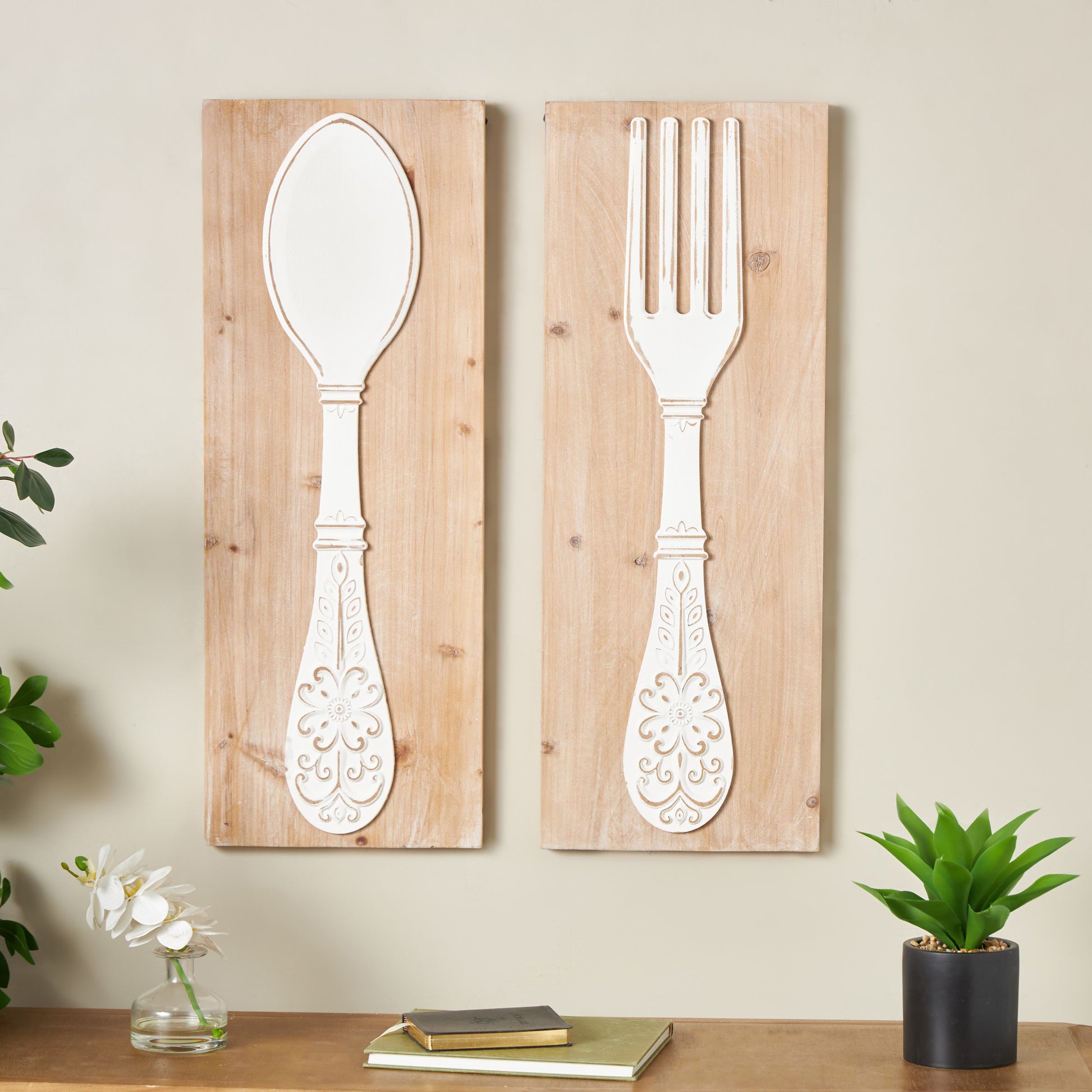 Set of 2 Utensils Brown Wooden Home Wall Decor with Carved White Floral Designs