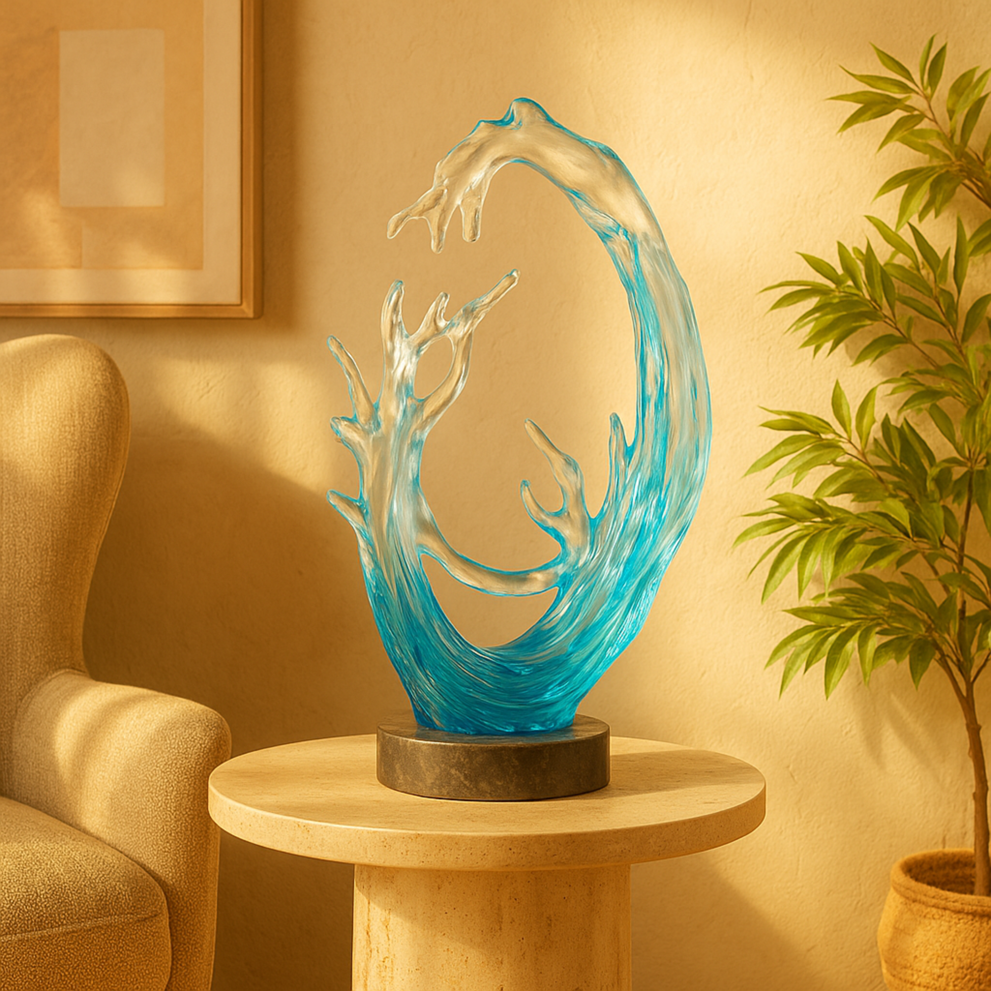 Coral Blue Glass Ombre Decorative Sculpture with Black Round Base