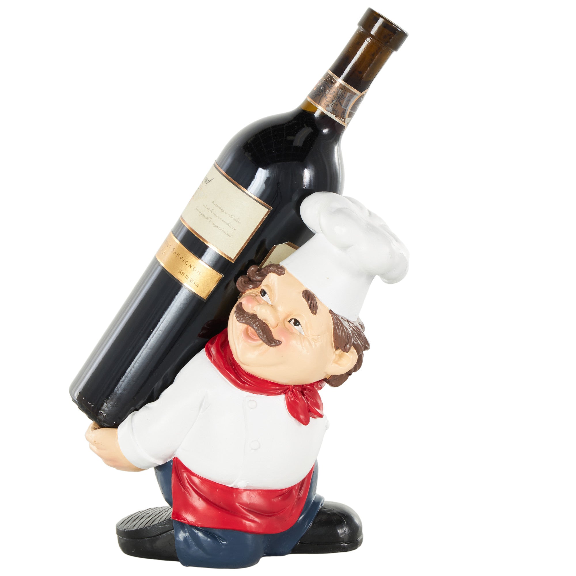 Chef White Polystone Kitchen Decorative Figurine Single Bottle Kitchen Wine Holder with Red Accents