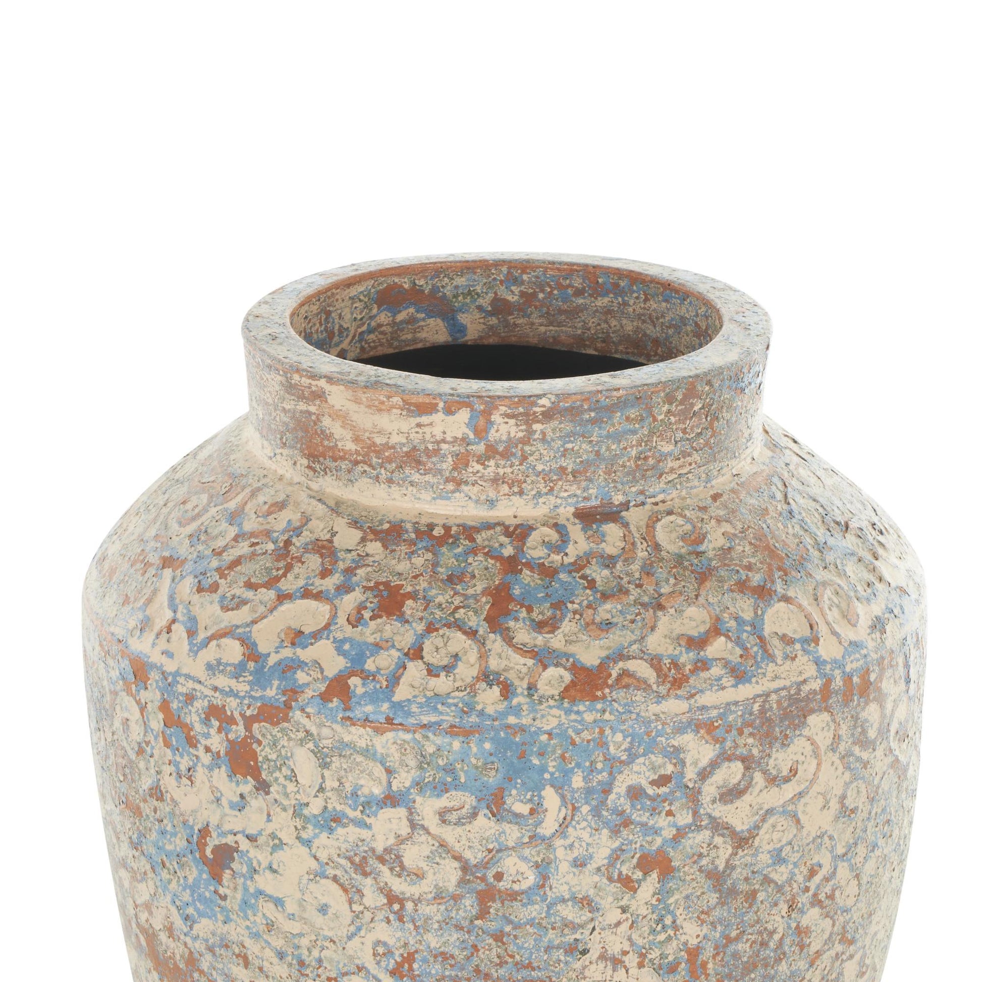 Scroll Beige Ceramic Handmade Antique Style Decorative Vase with Blue and Copper Accents