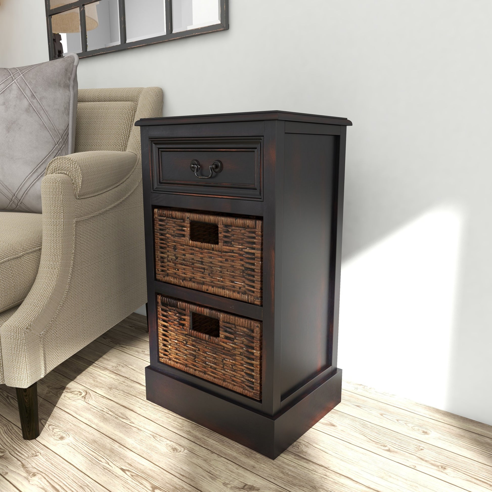 Dark Brown Wood Storage 2 Basket and 1 Drawer Room Storage Unit