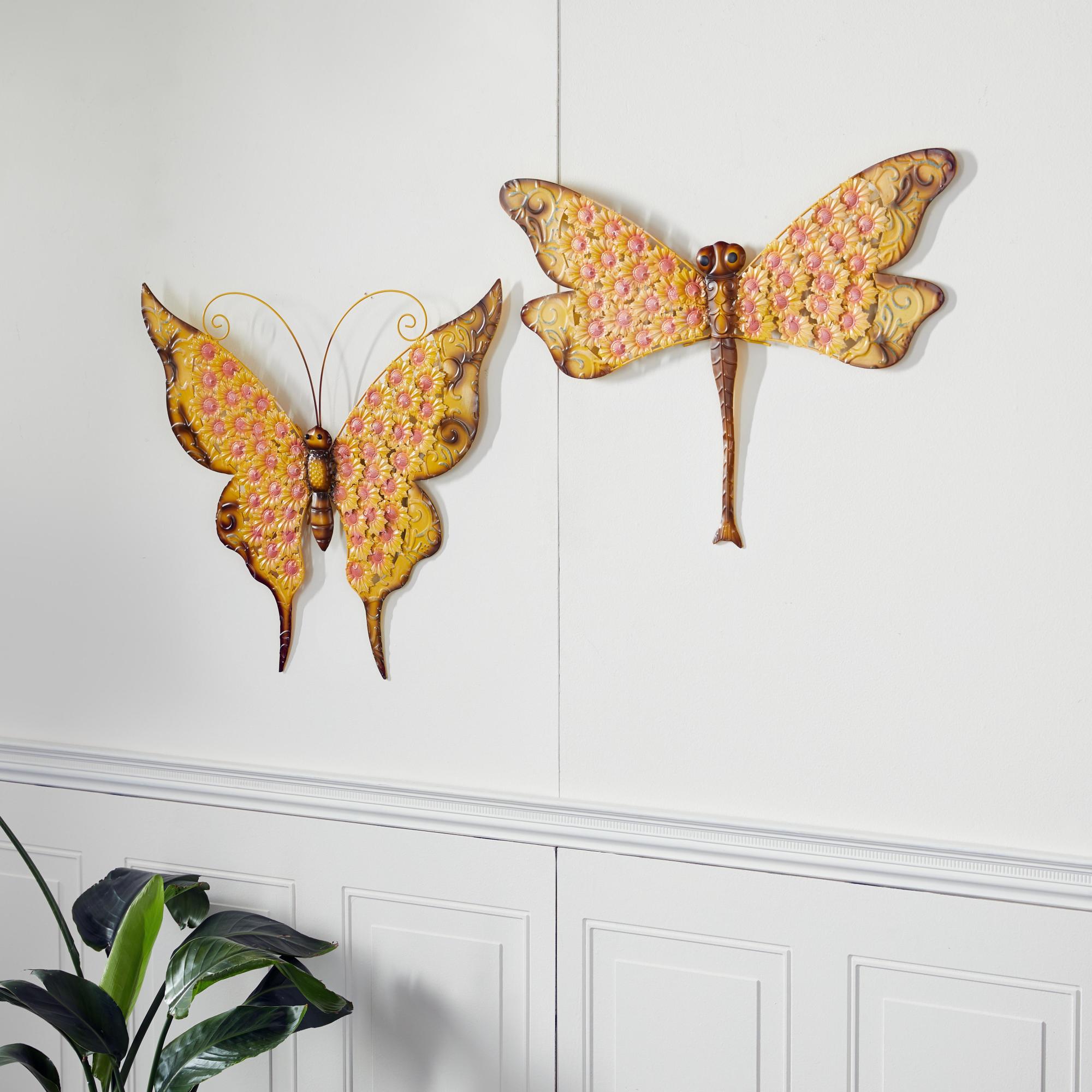 Set of 2 Butterfly Yellow Metal Home Wall Decor