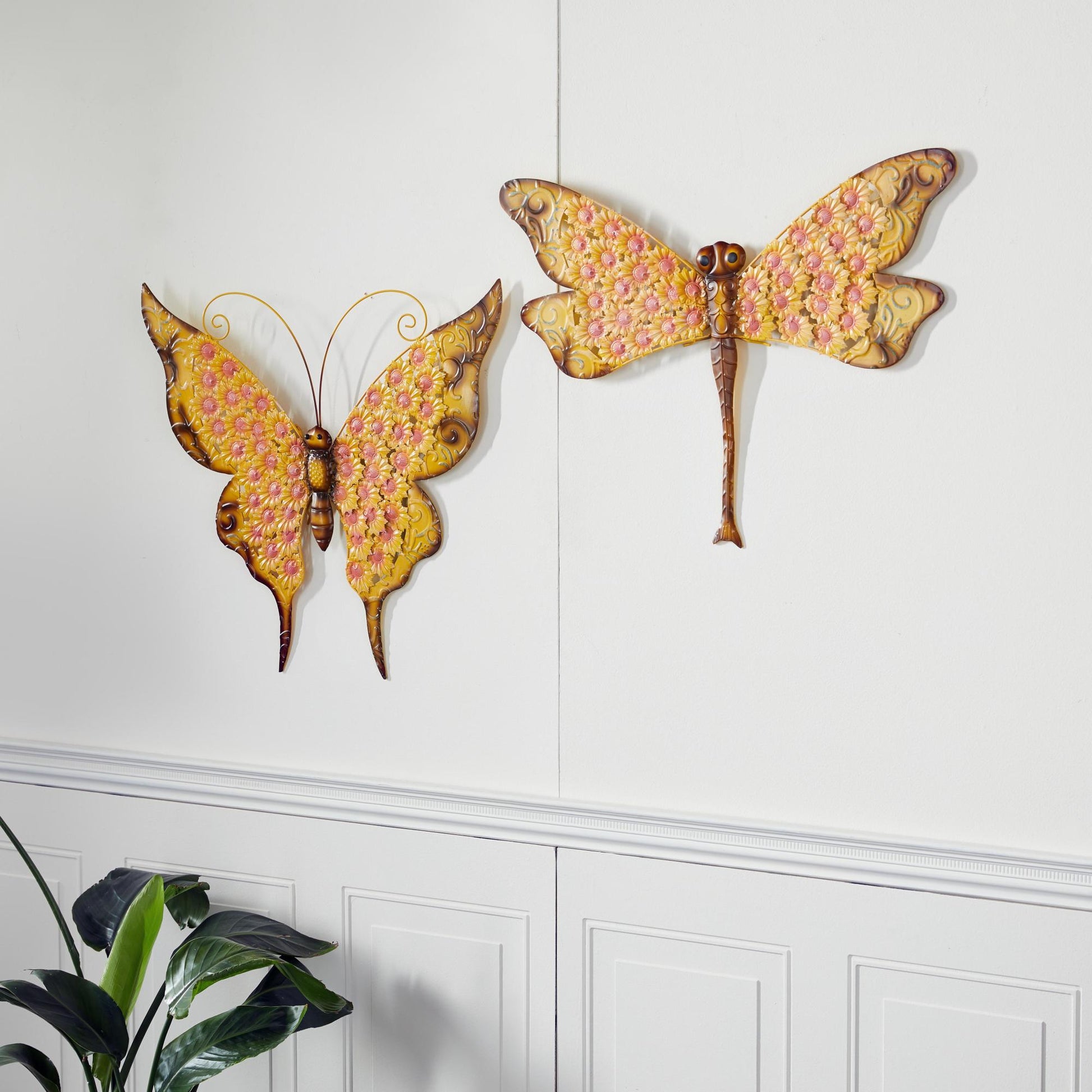 Set of 2 Butterfly Yellow Metal Home Wall Decor