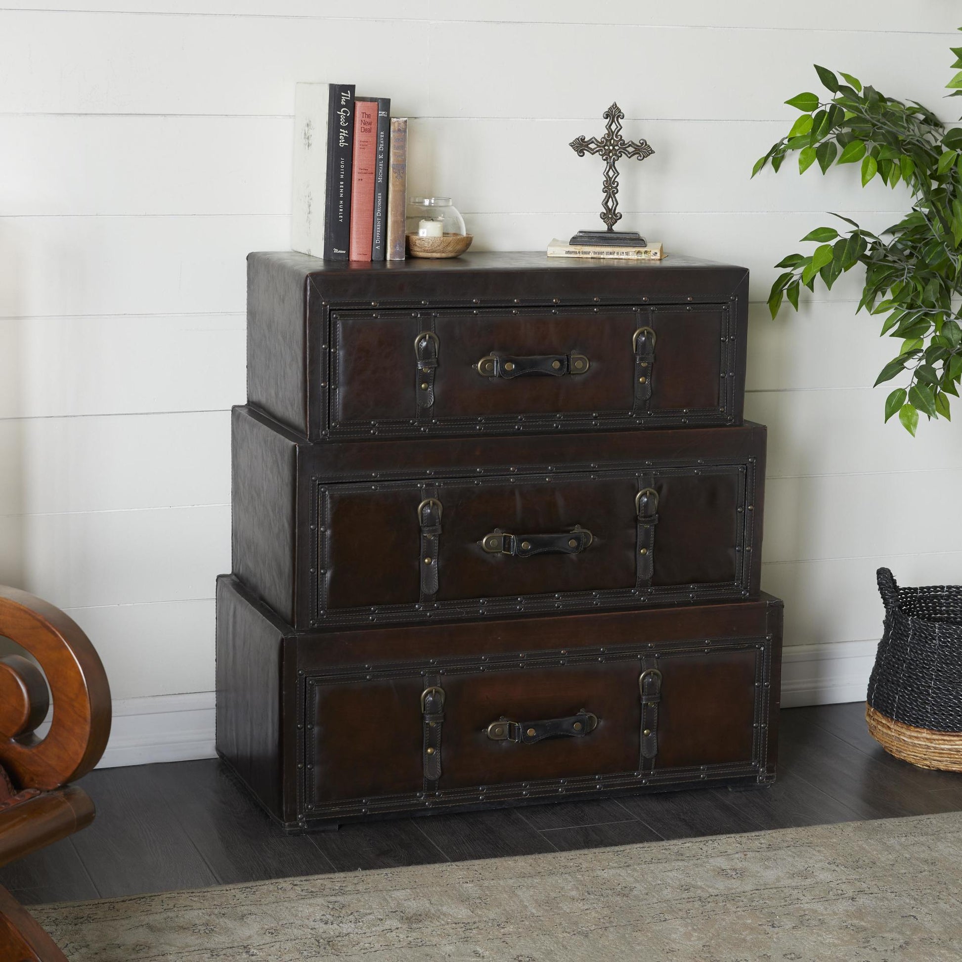 Brown Wood Vintage Faux Leather Room Chest with Buckles and Straps Detailing