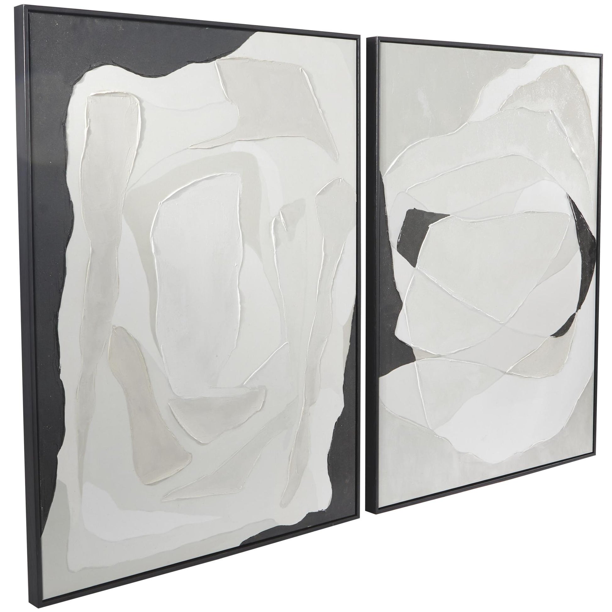 Set of 2 Abstract White Canvas Living Room Framed Wall Art with Black Frame