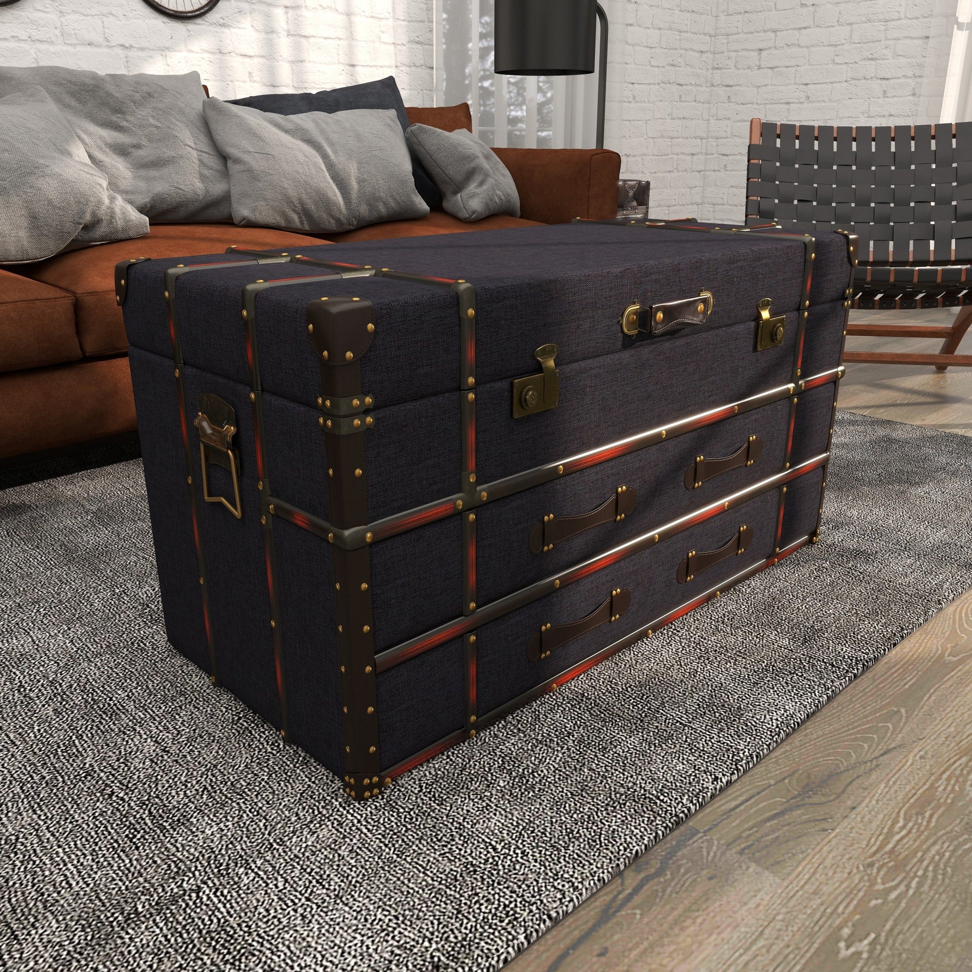 Faux Leather Vintage 2 Drawer Living Room Coffee Table with Buckle Hinged Top