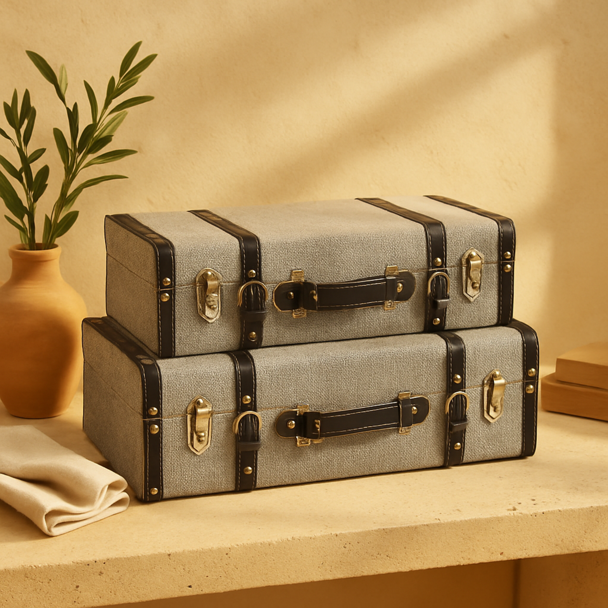 Set of 2 Gray Fabric Woven Storage Decorative Trunk with Silver Latches and Buckles