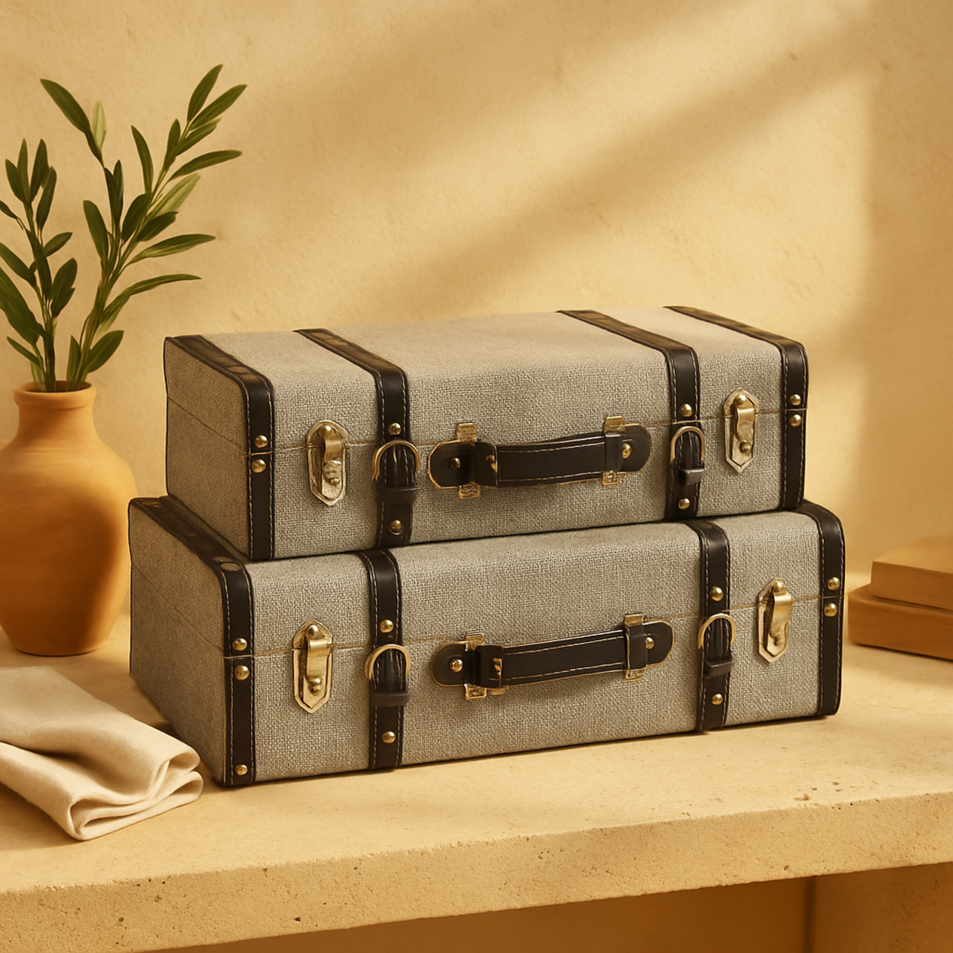 Set of 2 Gray Fabric Woven Storage Decorative Trunk with Silver Latches and Buckles